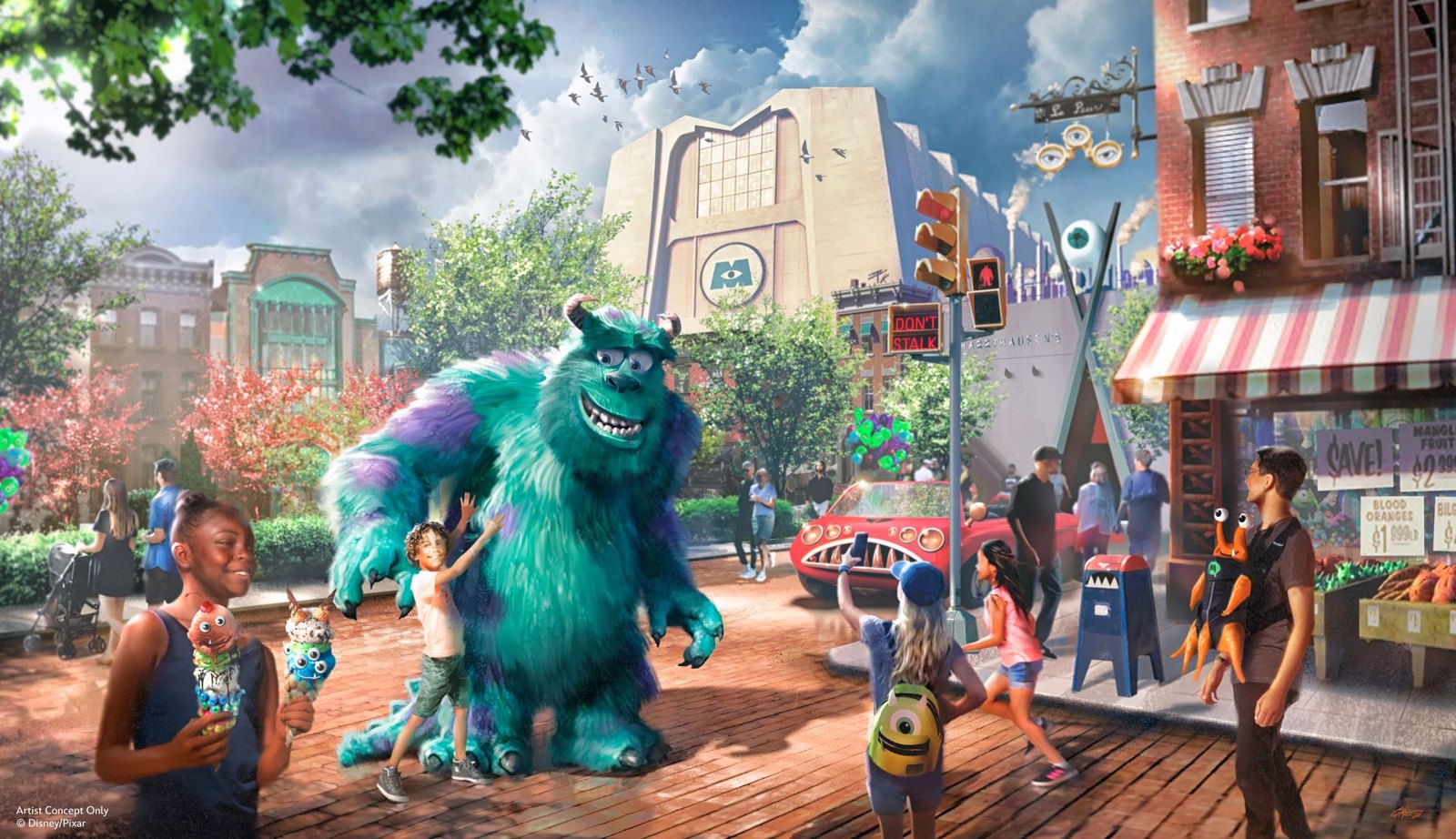 Artist concept showing Mike and Sulley meeting human visitors in the streets of Monstropolis