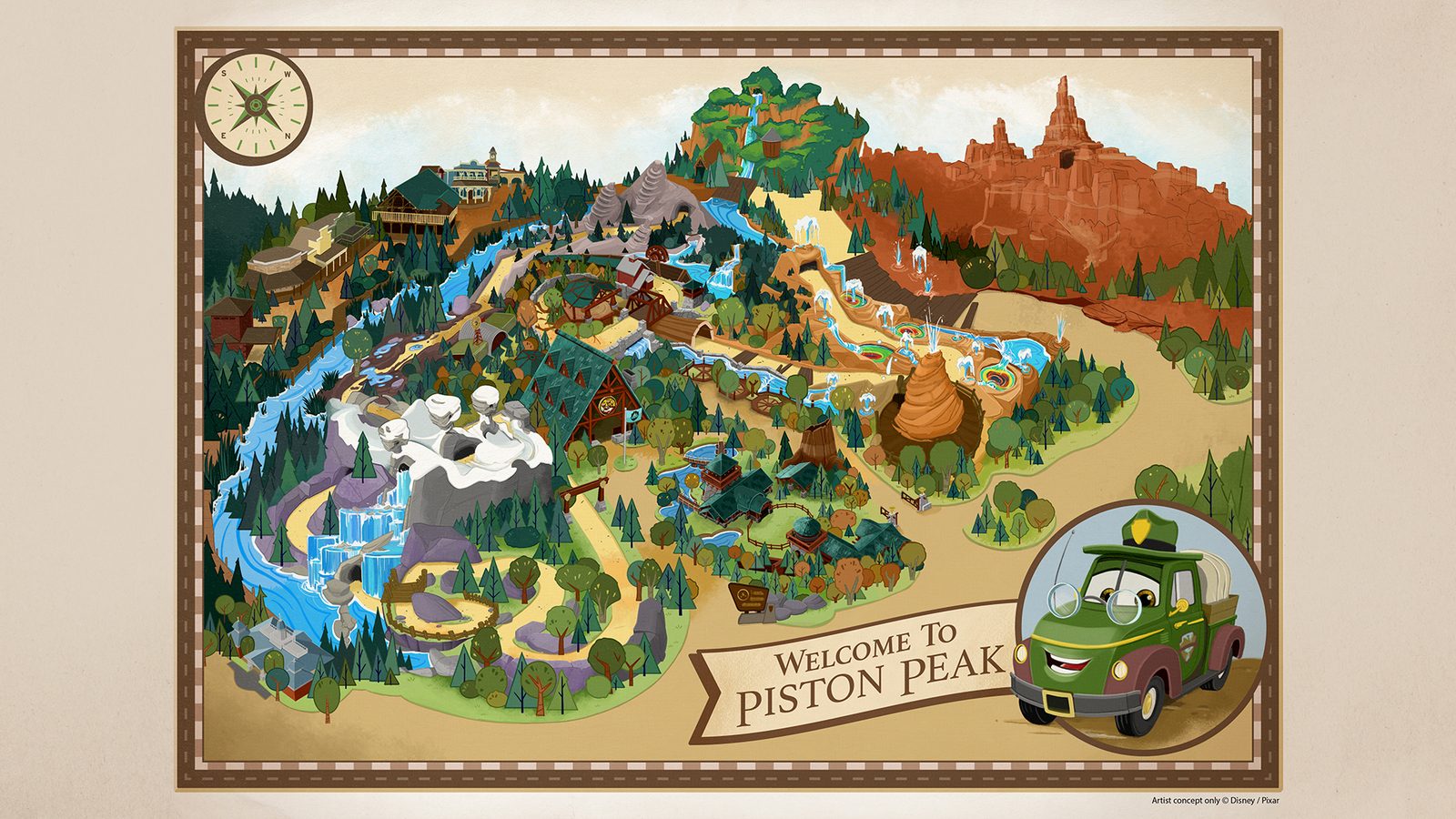 Illustrated concept map showing the planned Piston Peak National Park at Magic Kingdom