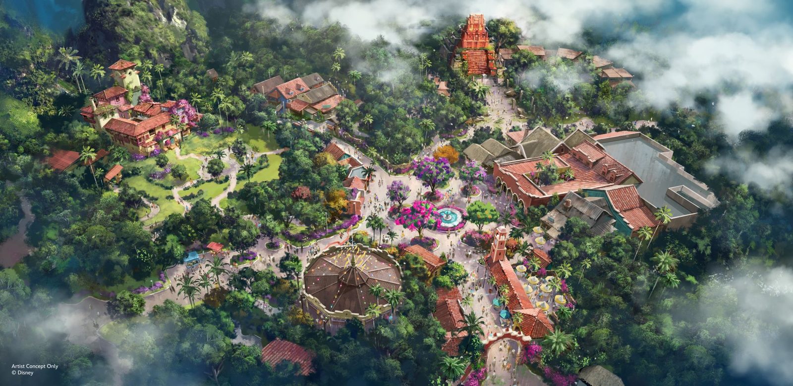 Aerial artist concept showing the planned Tropical Americas land at Disney’s Animal Kingdom