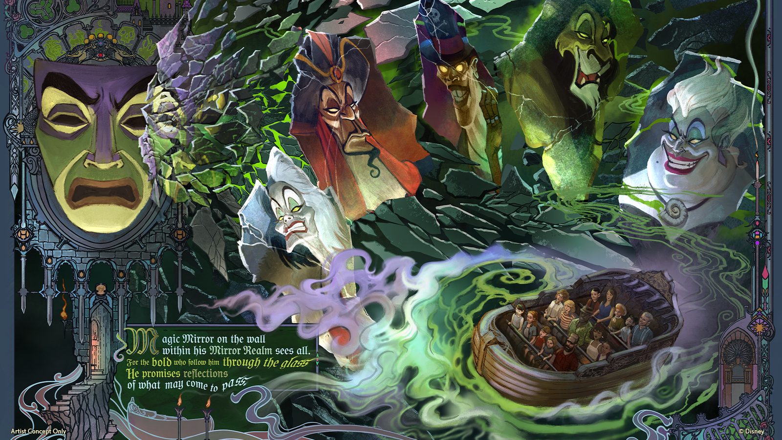 Artist concept showing the Magic Mirror dark ride planned for Villains Land