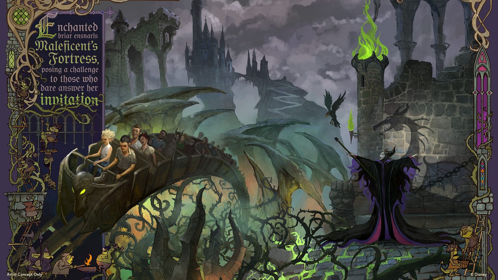 Artist concept showing the planned Maleficent coaster in Villains Land