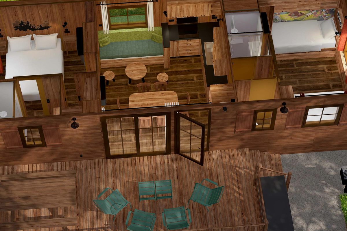 A cutaway visualisation of one of the new Duckburg Forest cabins, showing the two bedrooms, the open-plan living and kitchen area and the decked terrace below