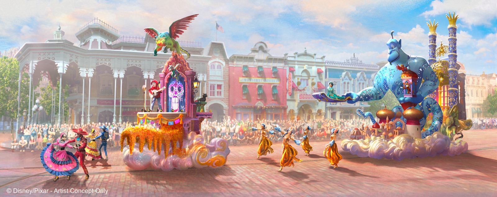 Artist concept showing Coco and Aladdin-themed floats in Disneyland Paris's planned 2028 daytime parade