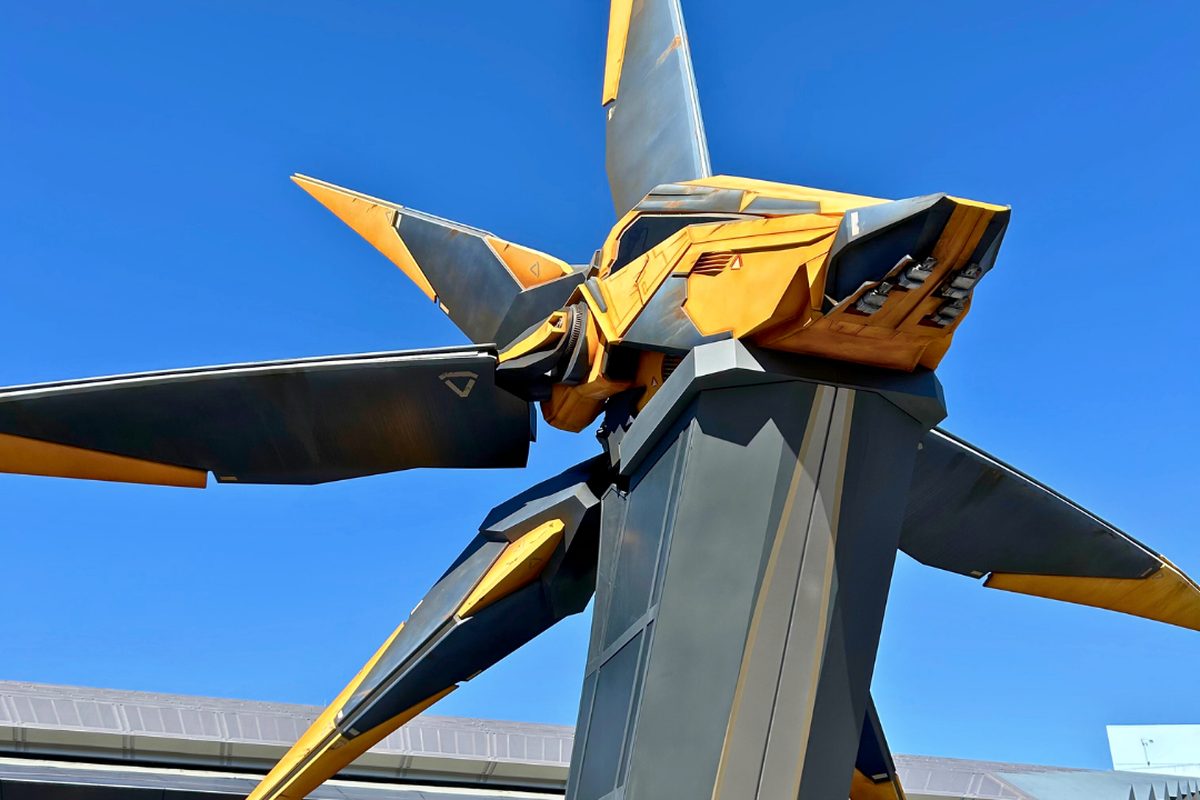 The large orange and grey Xandarian starship sculpture mounted above the Guardians of the Galaxy pavilion in World Discovery