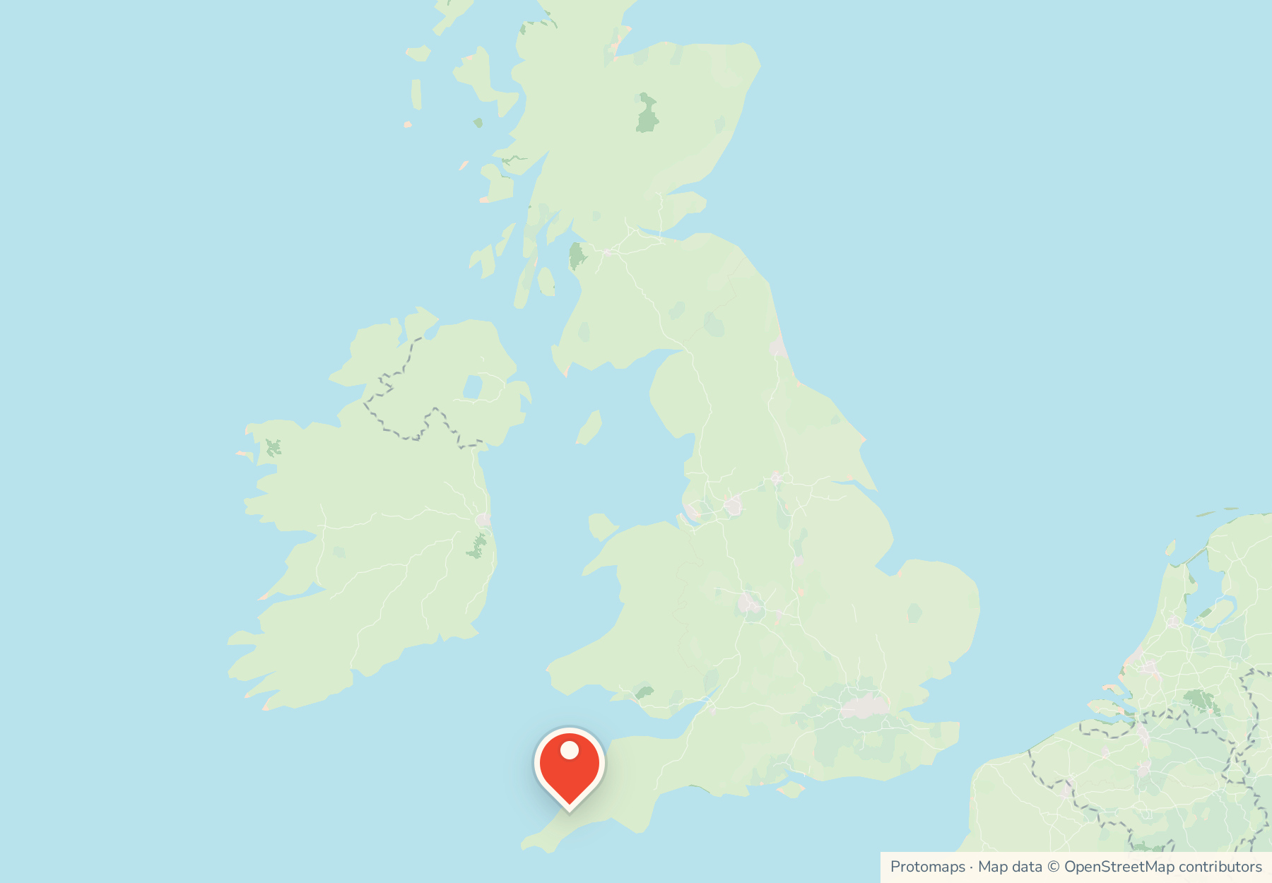 Map of the United Kingdom with Cornwall pinned at the south-western tip of England.