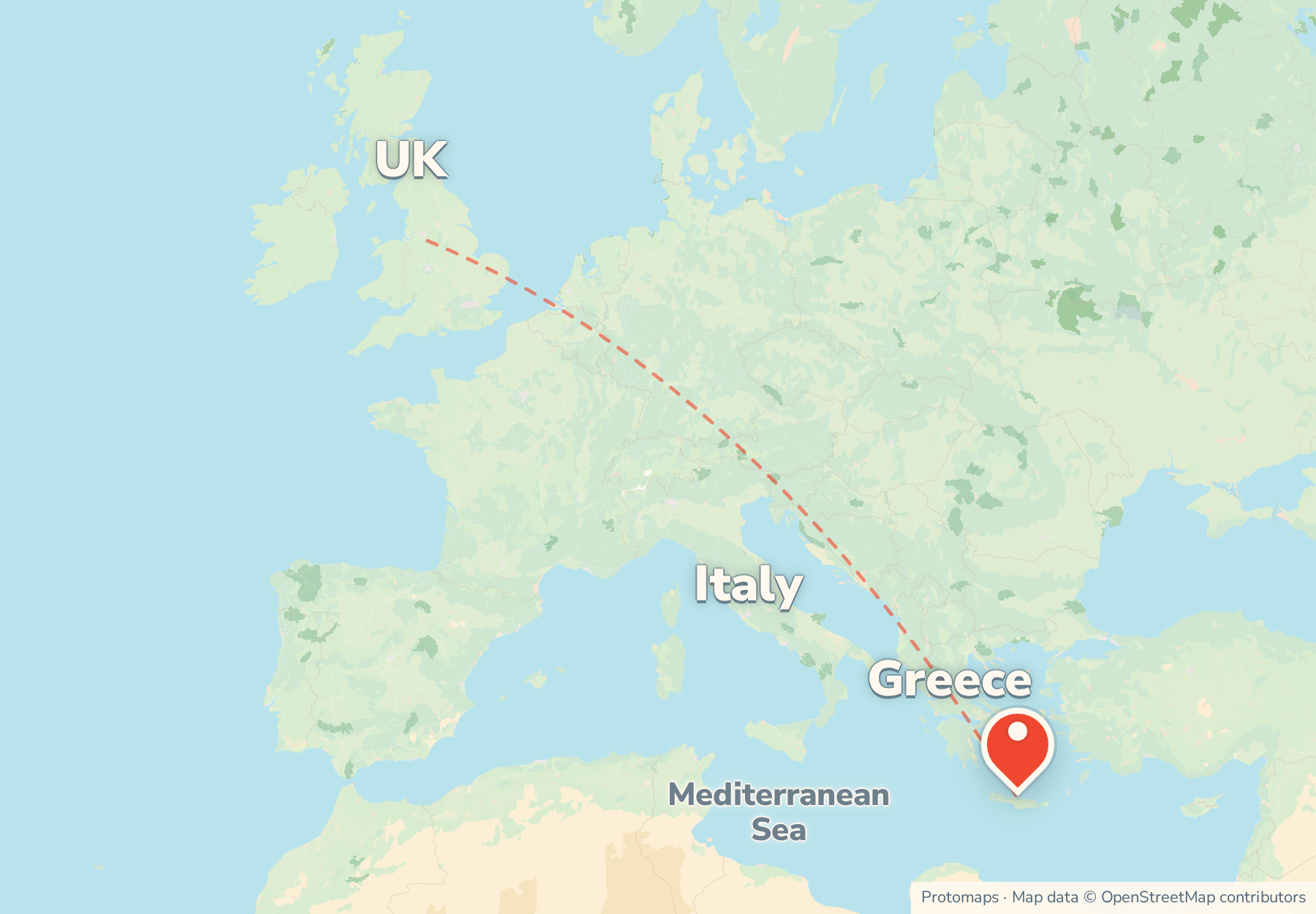 Locator map showing Crete at the southern edge of Greece in the eastern Mediterranean, with the UK to the north-west.