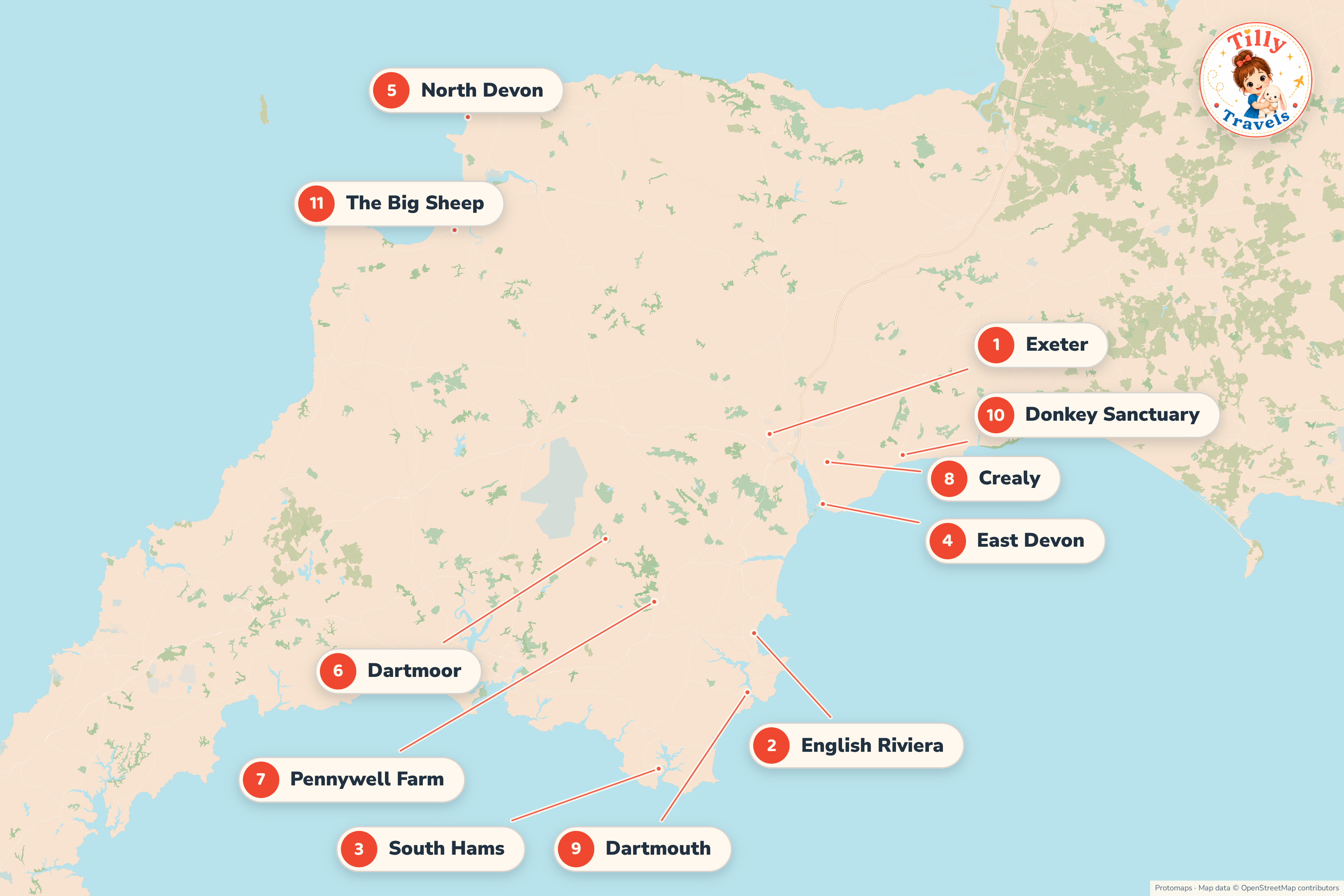Map of Devon showing the English Riviera, South Hams, East Devon, North Devon, Dartmoor and the main family attractions.