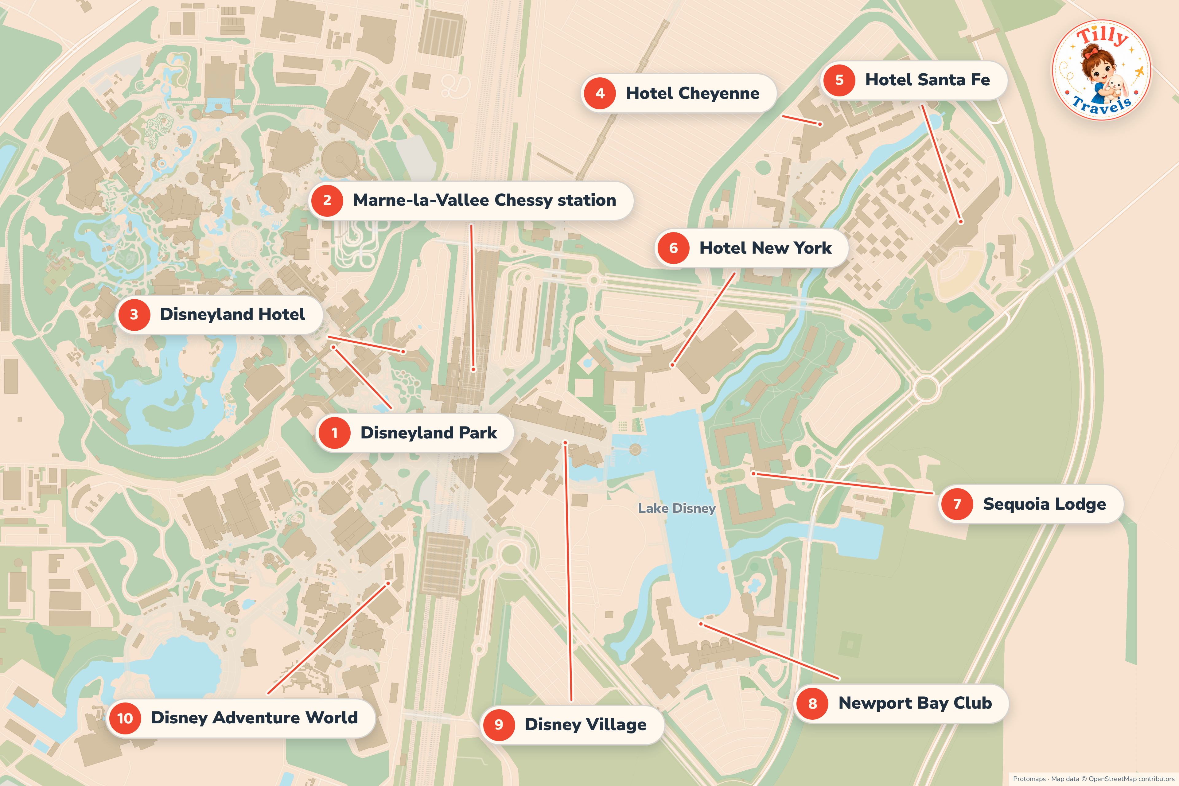 Numbered map of the Disneyland Paris resort core: the two theme parks, the train station, Disney Village and the on-site hotels around Lake Disney and the park gates.