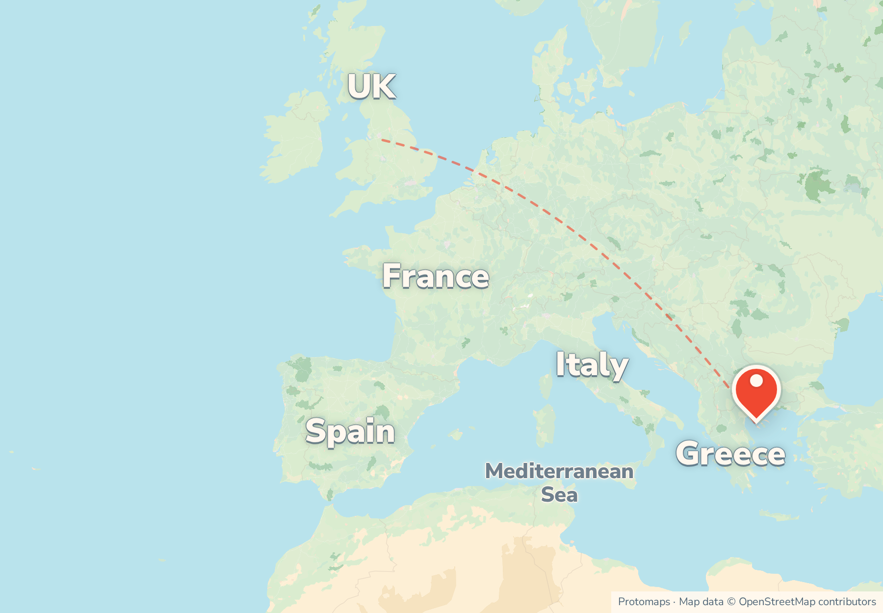 Locator map showing Halkidiki in northern Greece near Thessaloniki, with Italy, France and the UK to the north-west.