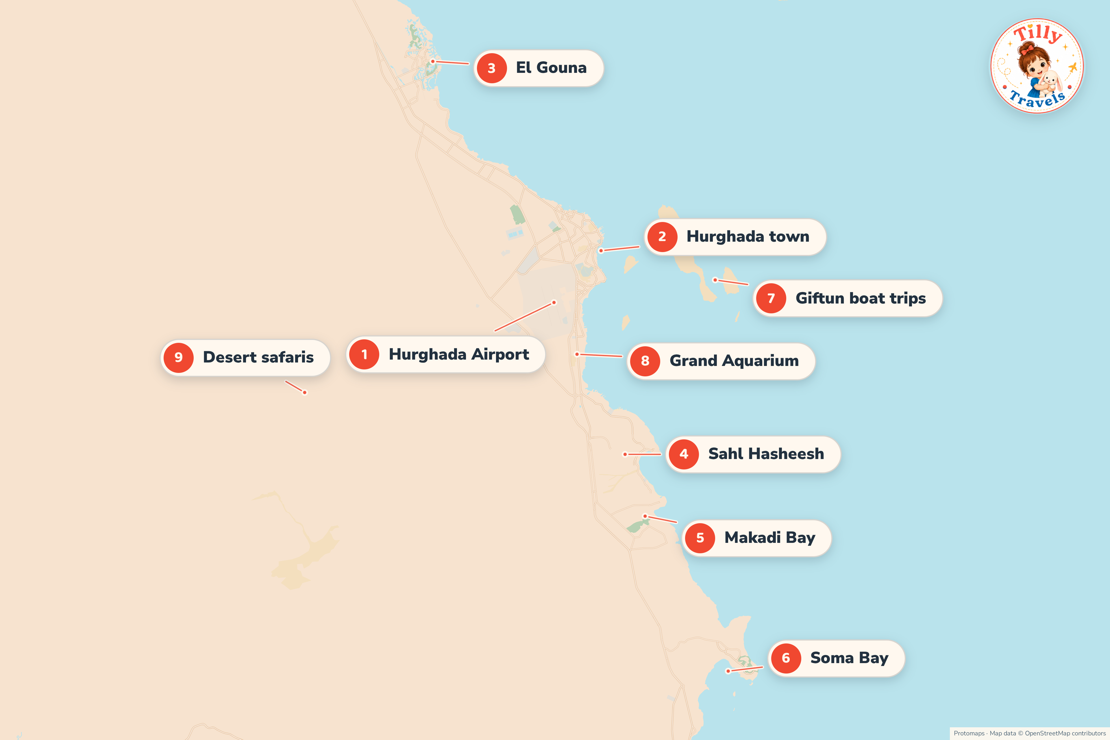 Map of Egypt's Red Sea coast around Hurghada showing El Gouna to the north, Hurghada town and its airport in the centre, Sahl Hasheesh, Makadi Bay and Soma Bay to the south, the Giftun island boat trips offshore and the desert safari country inland.