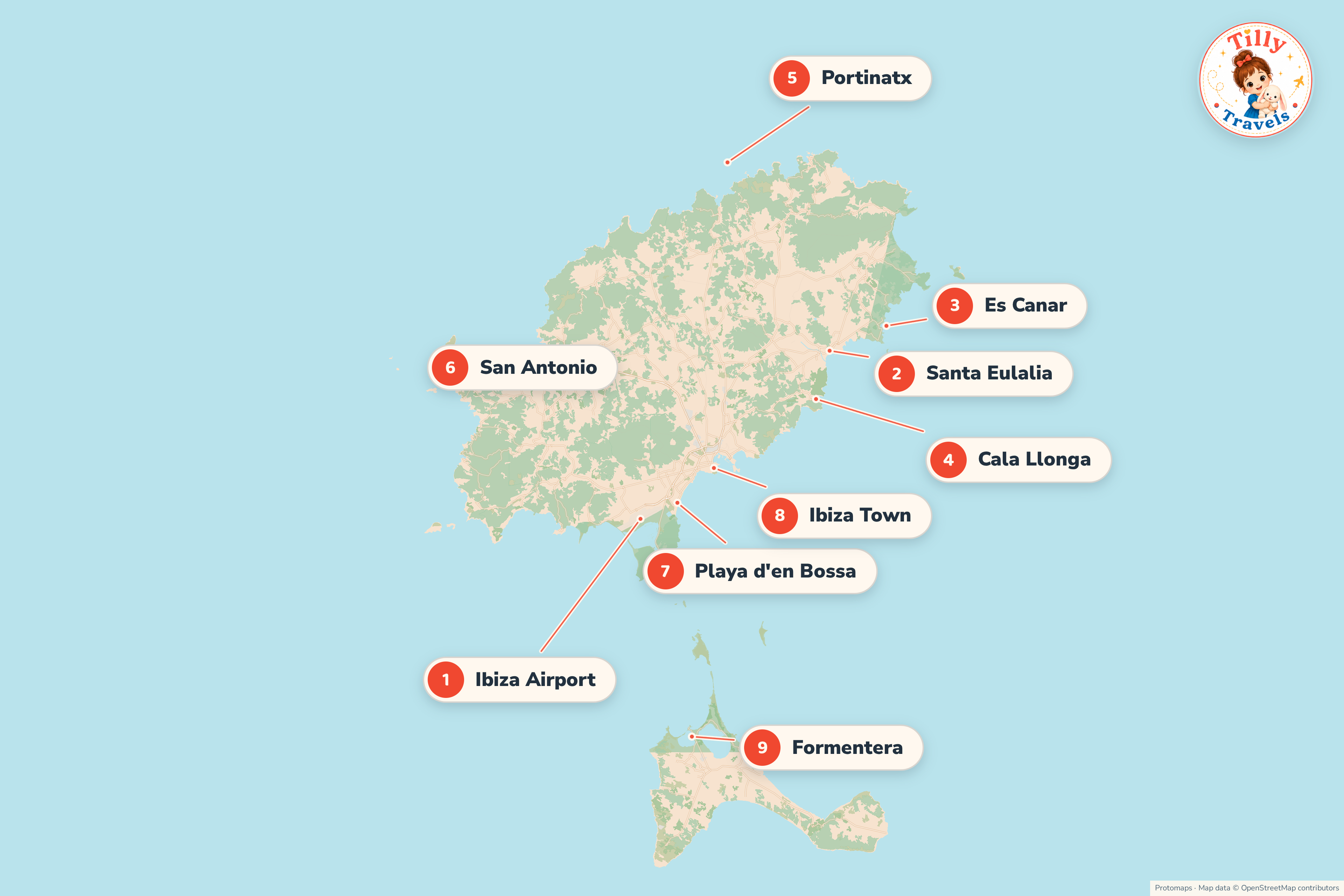 Map of Ibiza showing the family resorts on the east coast around Santa Eulalia, Portinatx in the north, San Antonio and Playa d'en Bossa in the west and south, and Formentera across the channel to the south.