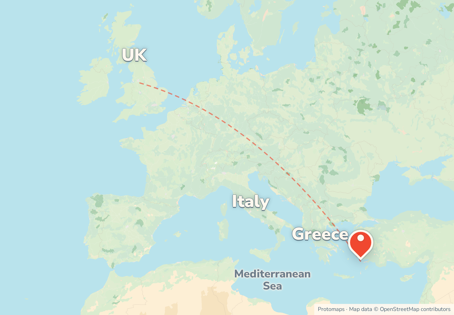Locator map showing Kos in the south-east Aegean close to the Turkish coast, with Greece, Italy and the UK to the north-west.
