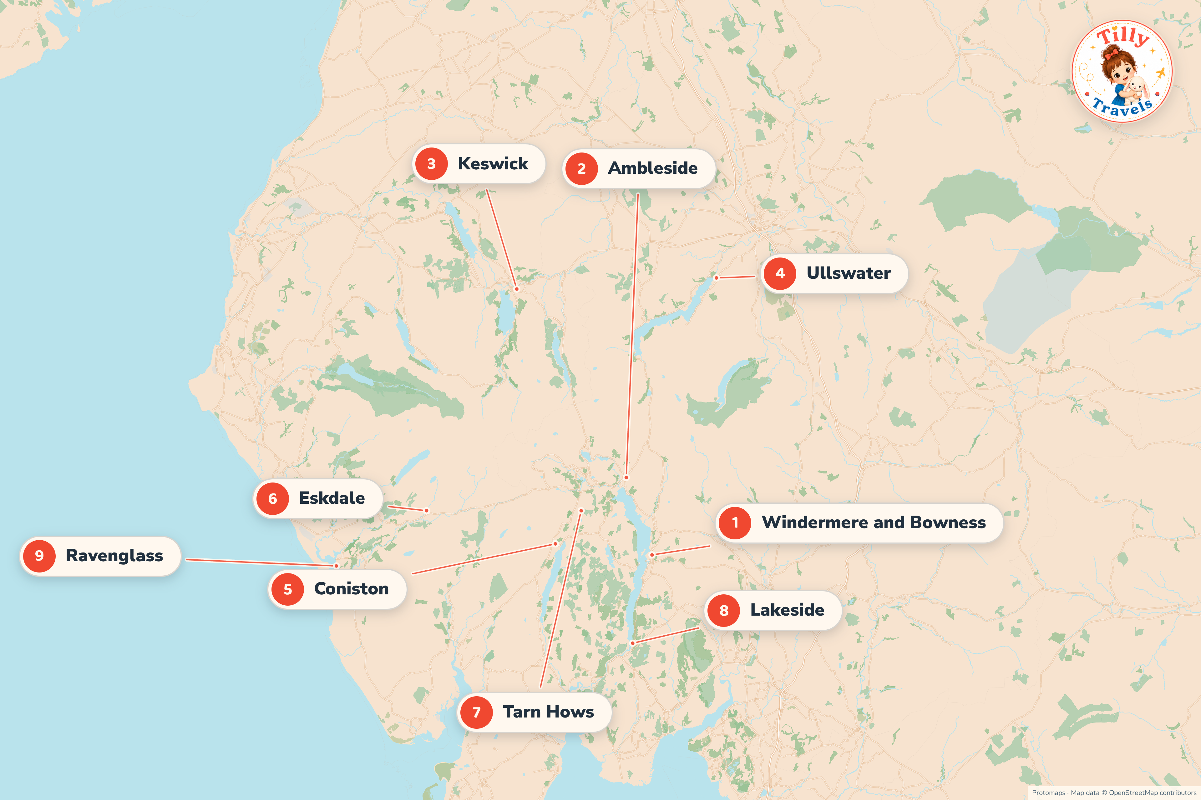 Map of the Lake District showing Windermere, Ambleside, Keswick, Ullswater, Coniston and the main family attractions.