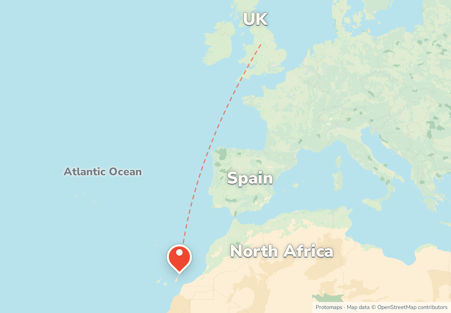 Locator map showing Lanzarote in the Canary Islands off the north-west African coast, with Spain and the UK to the north.