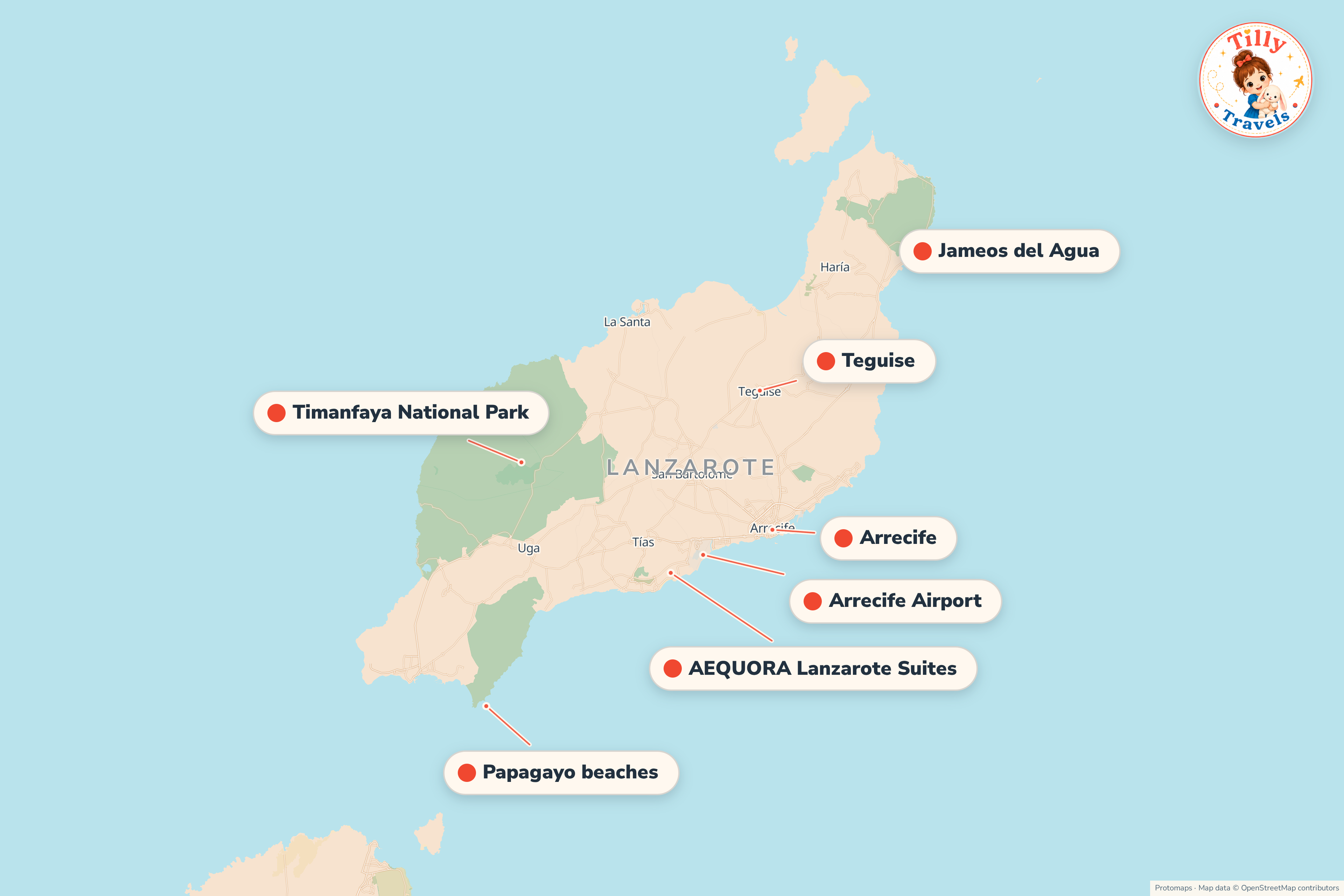 Map of the area around AEQUORA Lanzarote Suites, showing the resort, the nearest airport and the main family days out