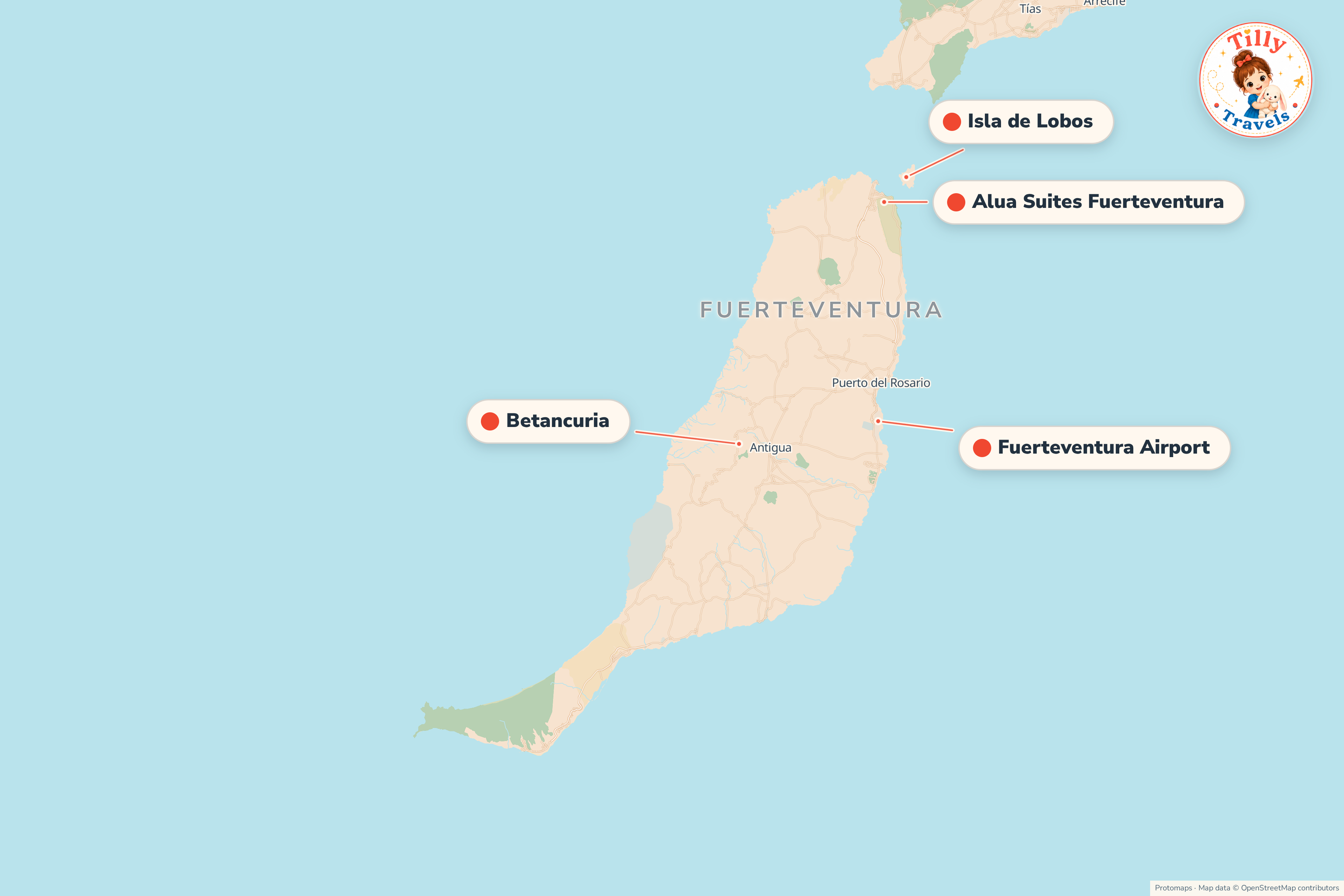 Map of the area around Alua Suites Fuerteventura, showing the resort, the nearest airport and the main family days out