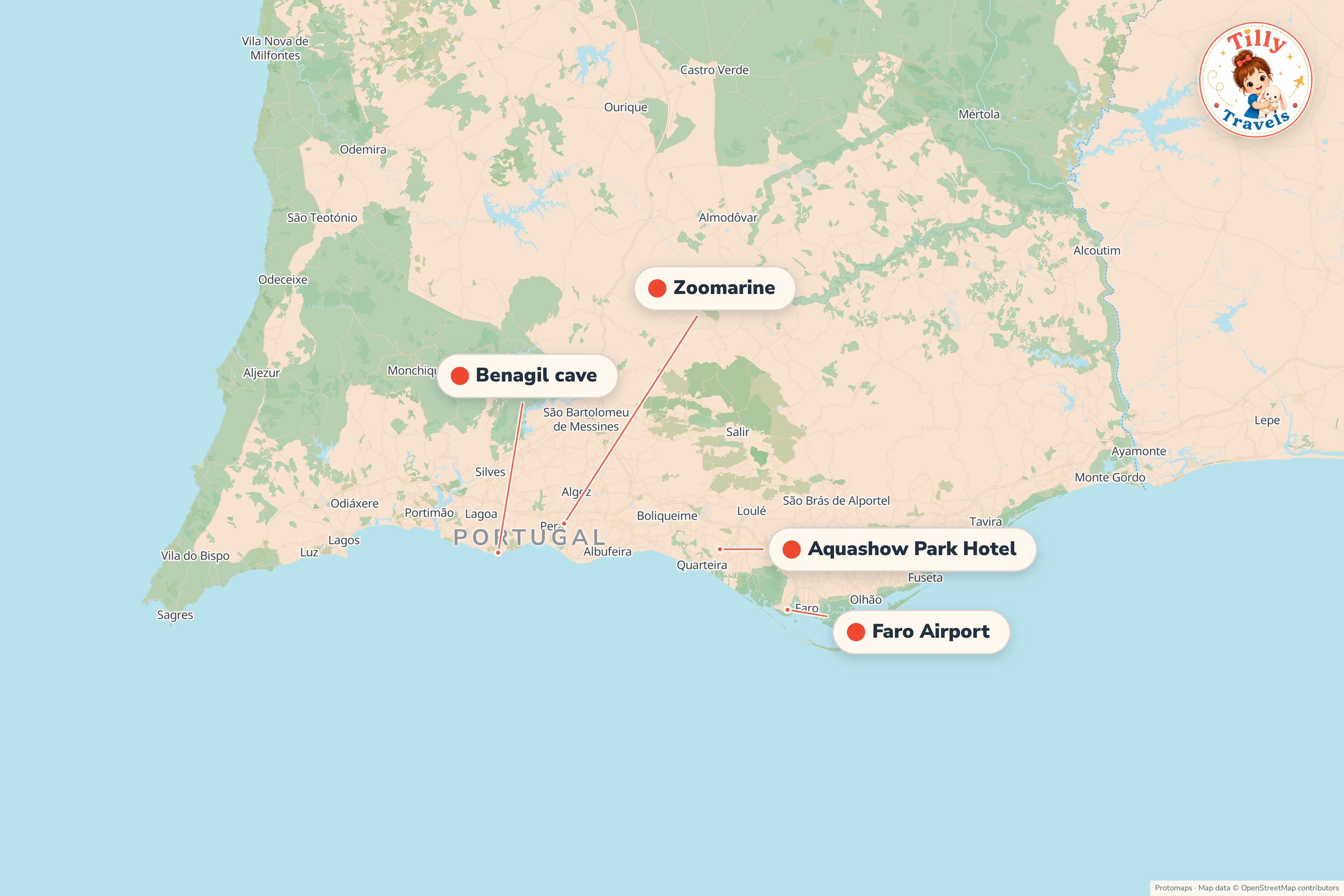 Map of the area around Aquashow Park Hotel, showing the resort, the nearest airport and the main family days out