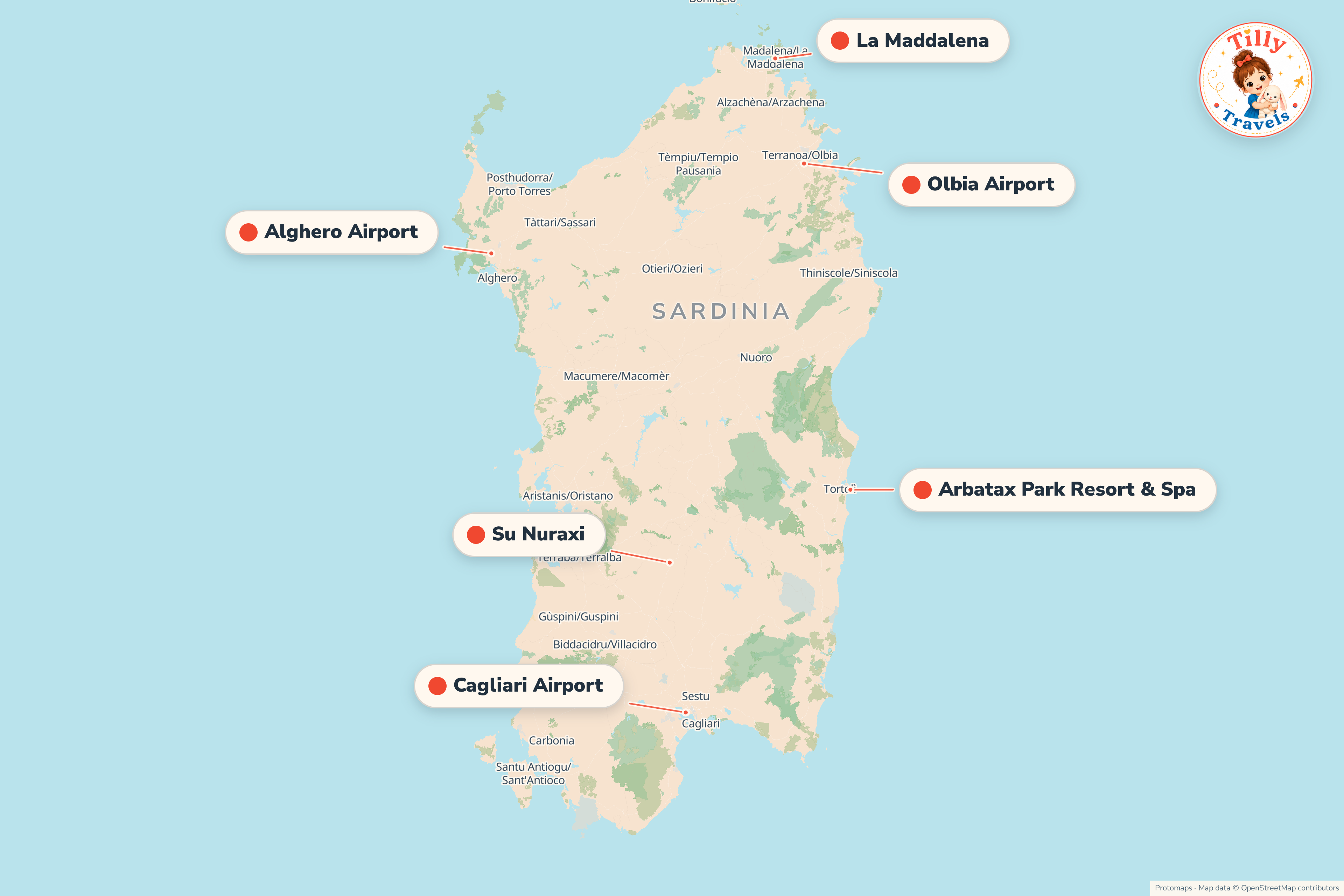 Map of the area around Arbatax Park Resort & Spa, showing the resort, the nearest airport and the main family days out