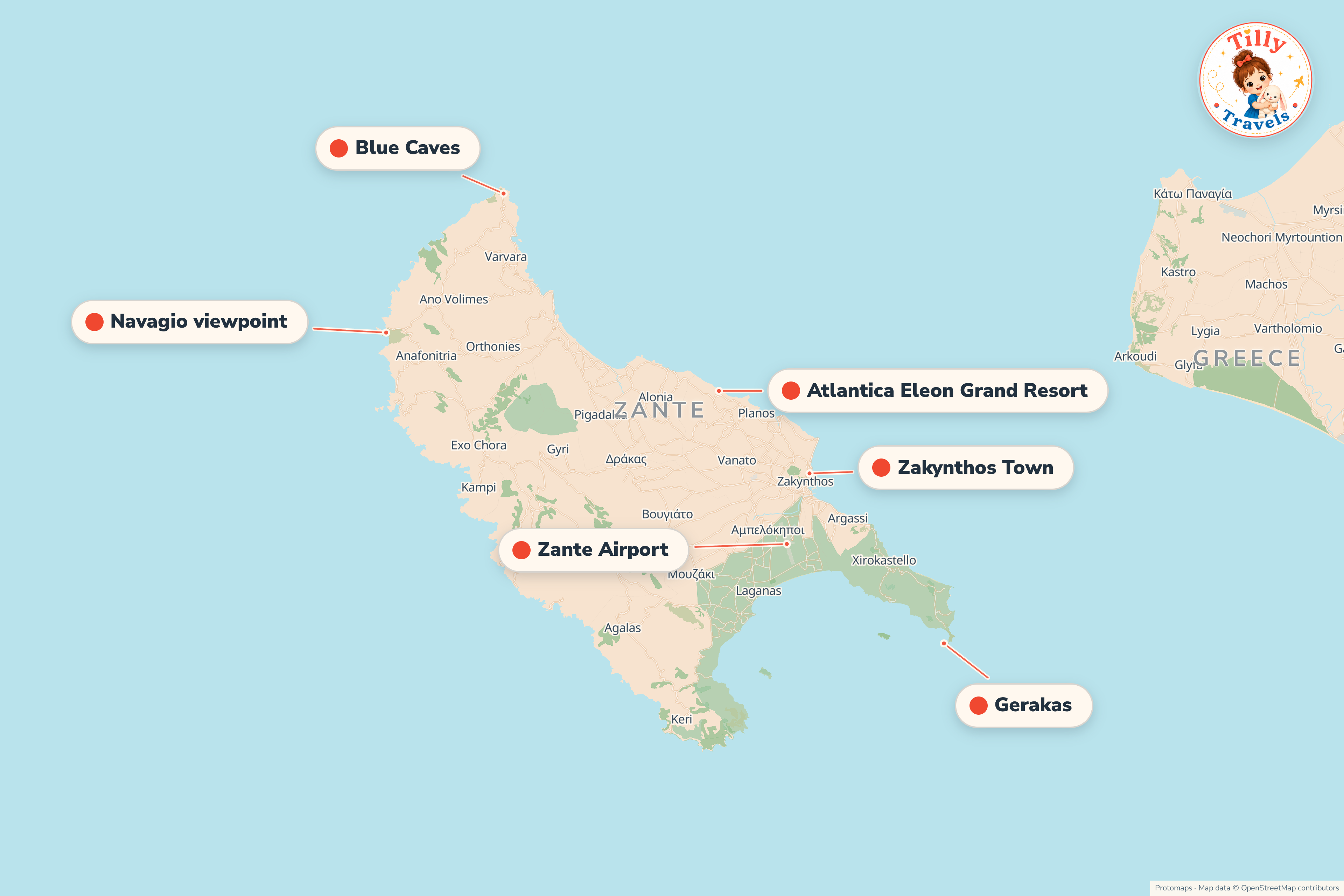 Map of the area around Atlantica Eleon Grand Resort, showing the resort, the nearest airport and the main family days out