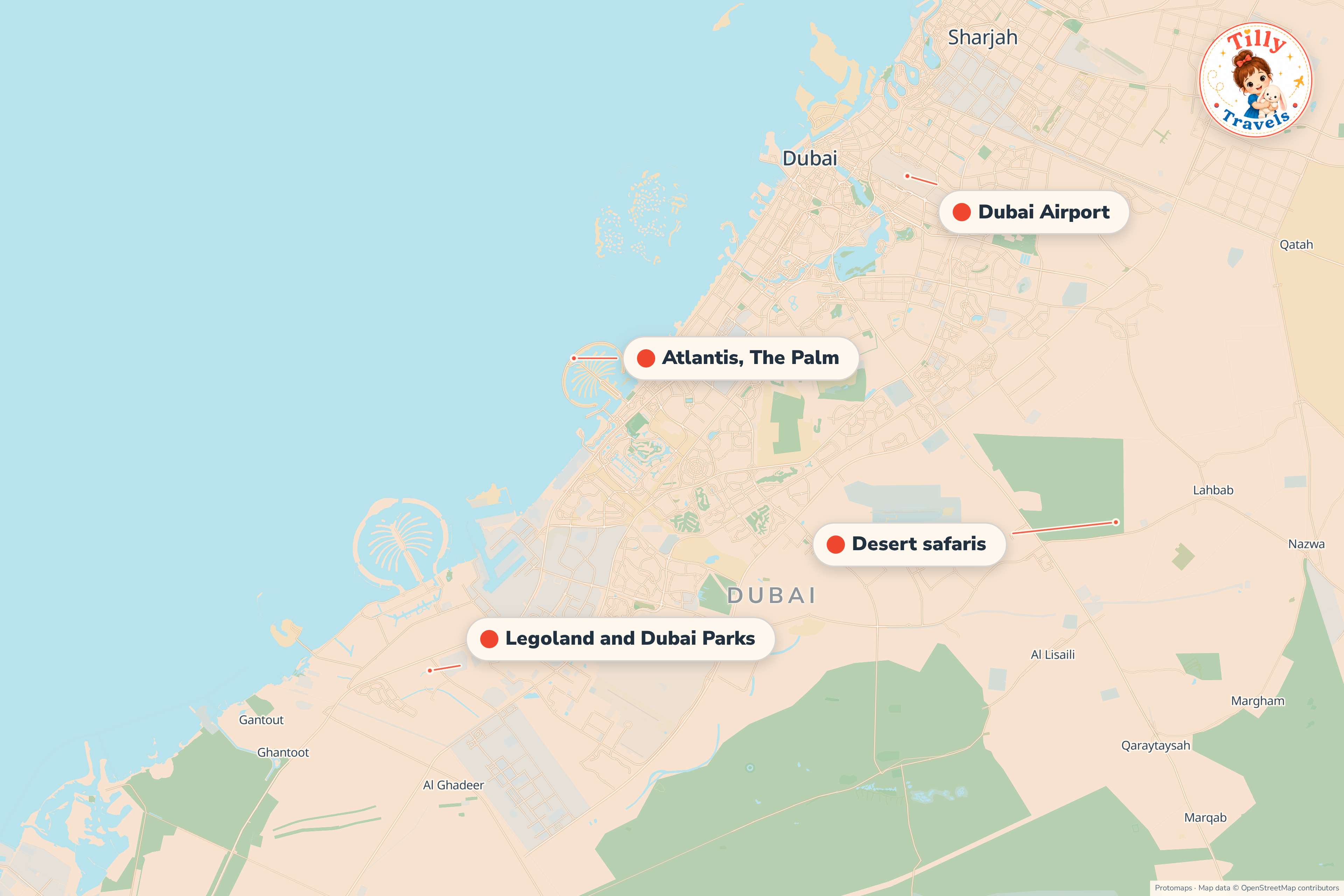 Map of the area around Atlantis, The Palm, showing the resort, the nearest airport and the main family days out
