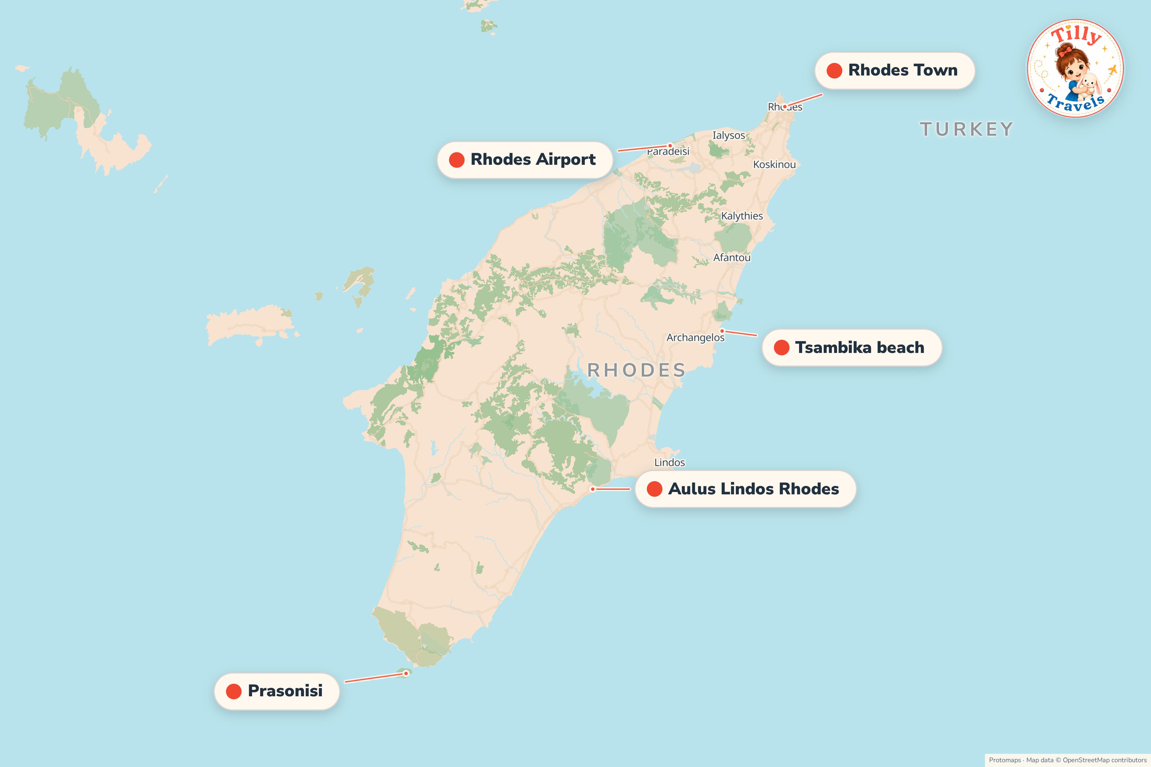 Map of the area around Aulus Lindos Rhodes, showing the resort, the nearest airport and the main family days out
