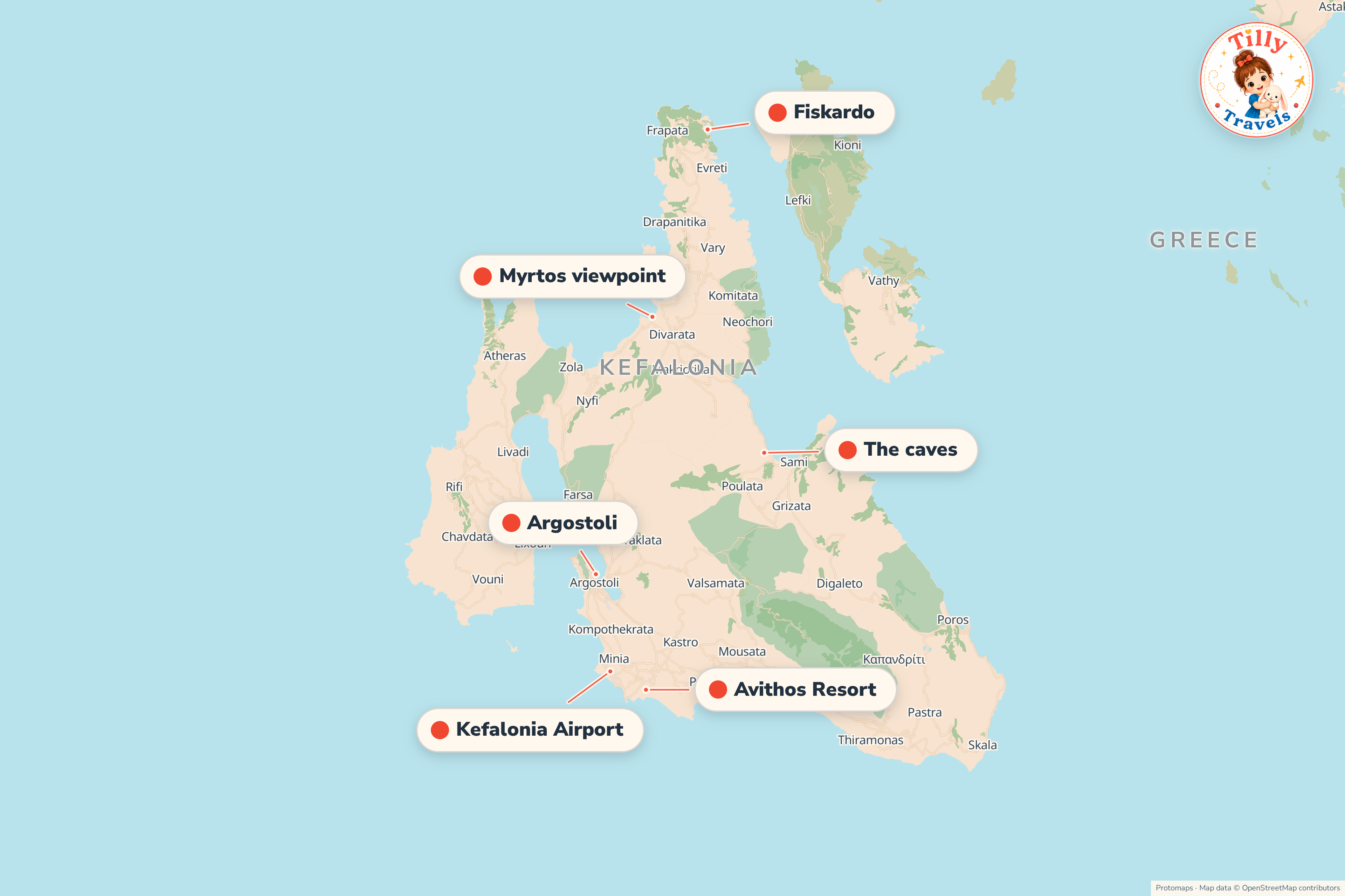Map of the area around Avithos Resort, showing the resort, the nearest airport and the main family days out