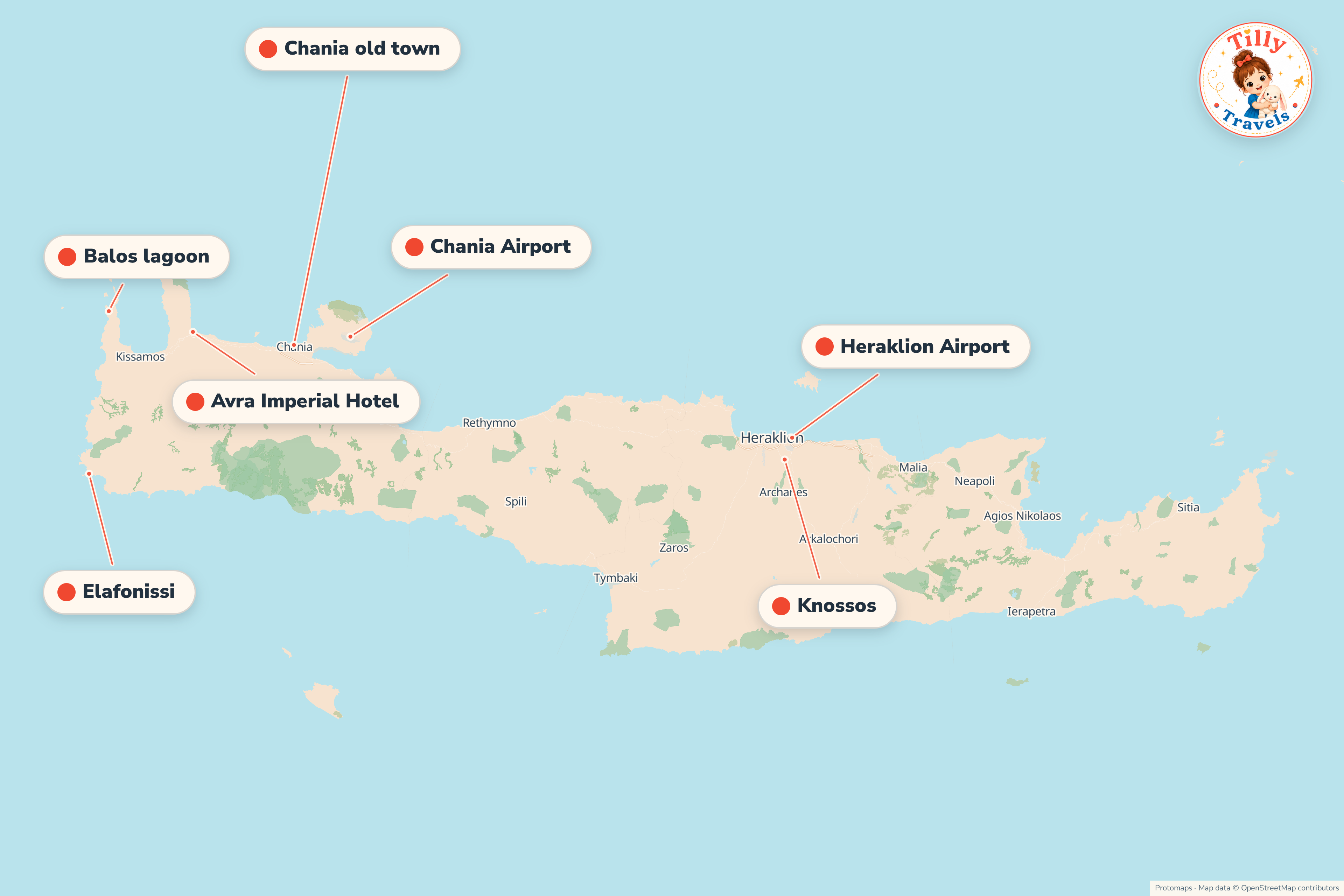 Map of the area around Avra Imperial Hotel, showing the resort, the nearest airport and the main family days out