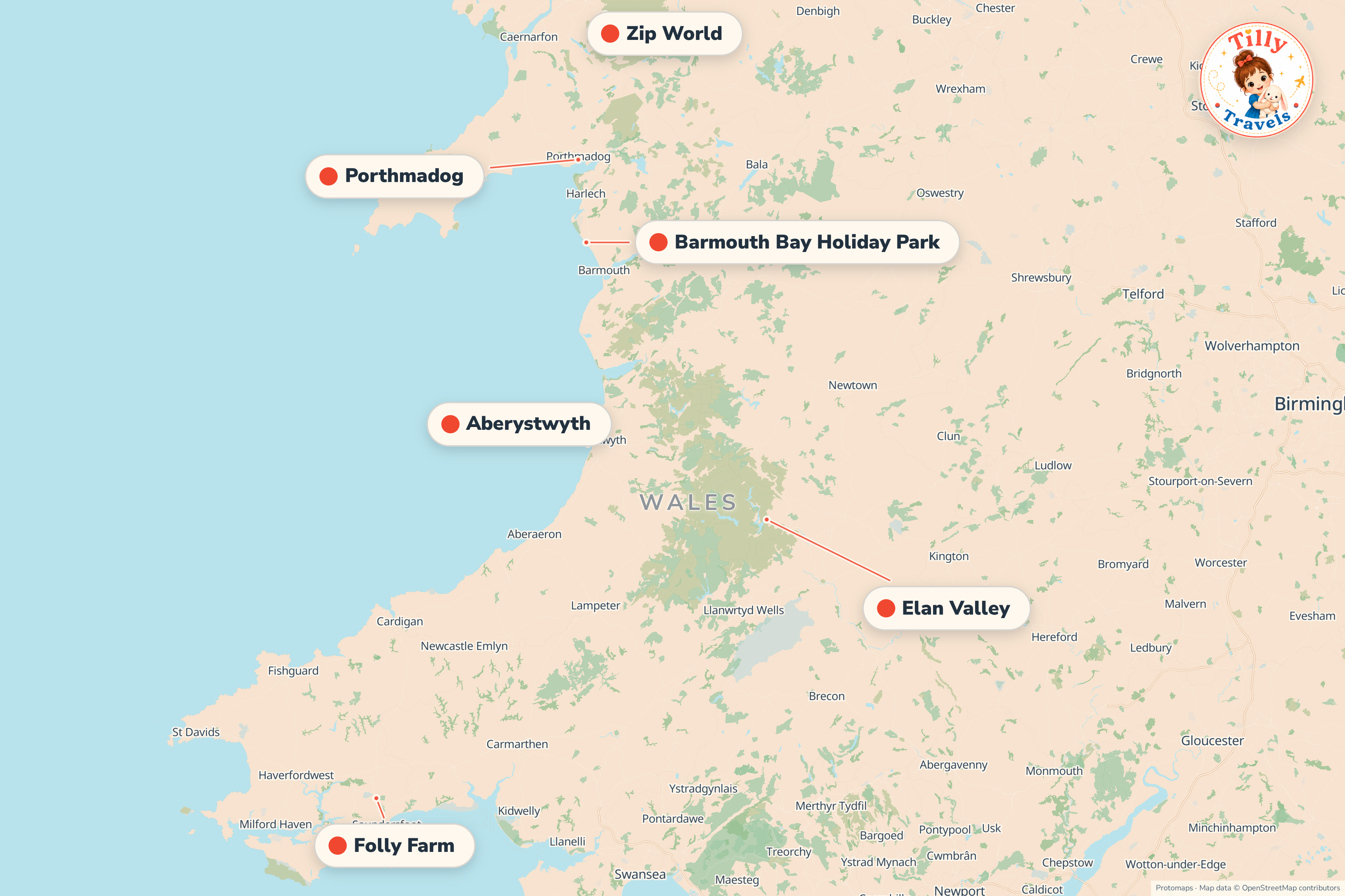 Map of the area around Barmouth Bay Holiday Park, showing the resort, the nearest airport and the main family days out