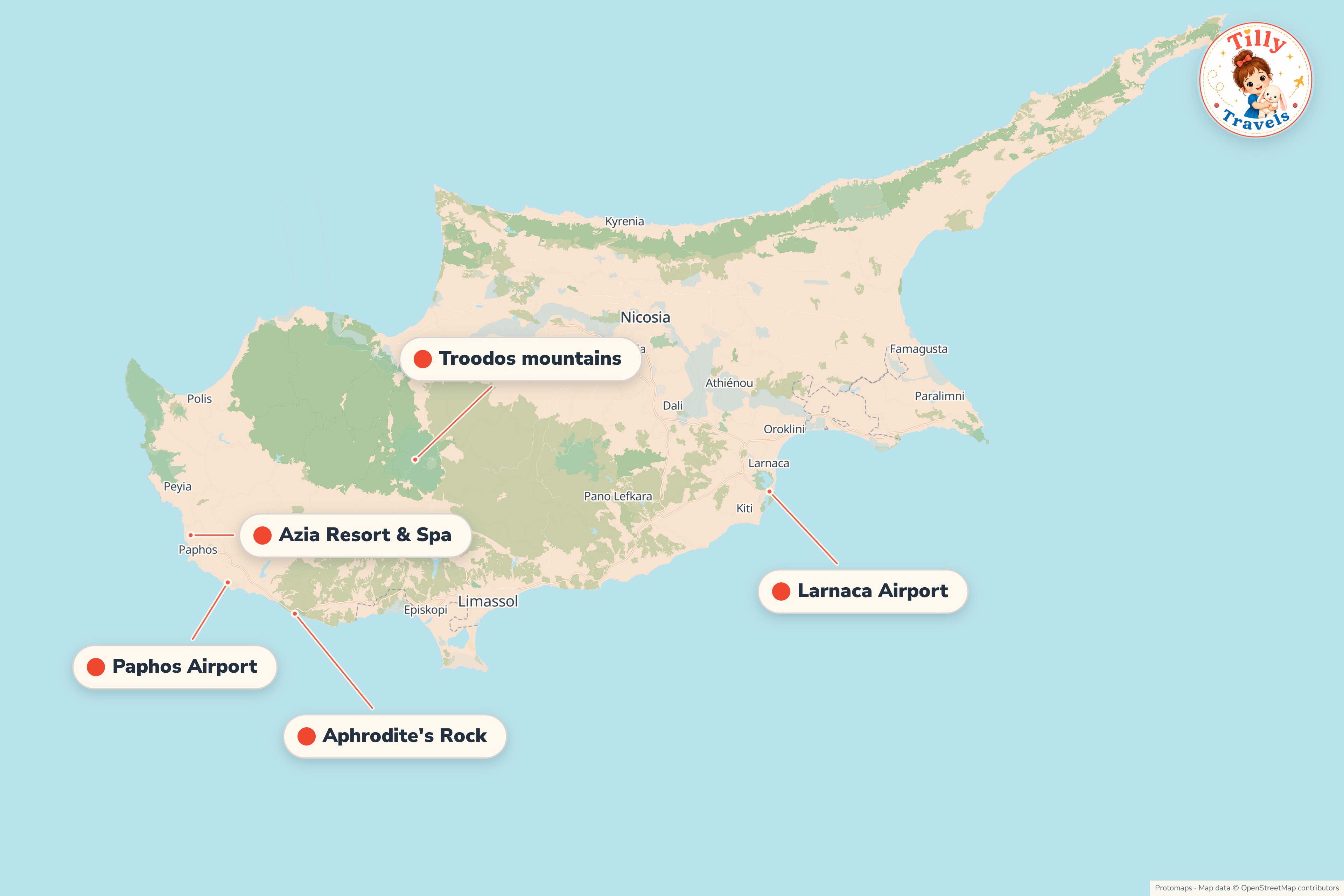Map of the area around Azia Resort & Spa, showing the resort, the nearest airport and the main family days out