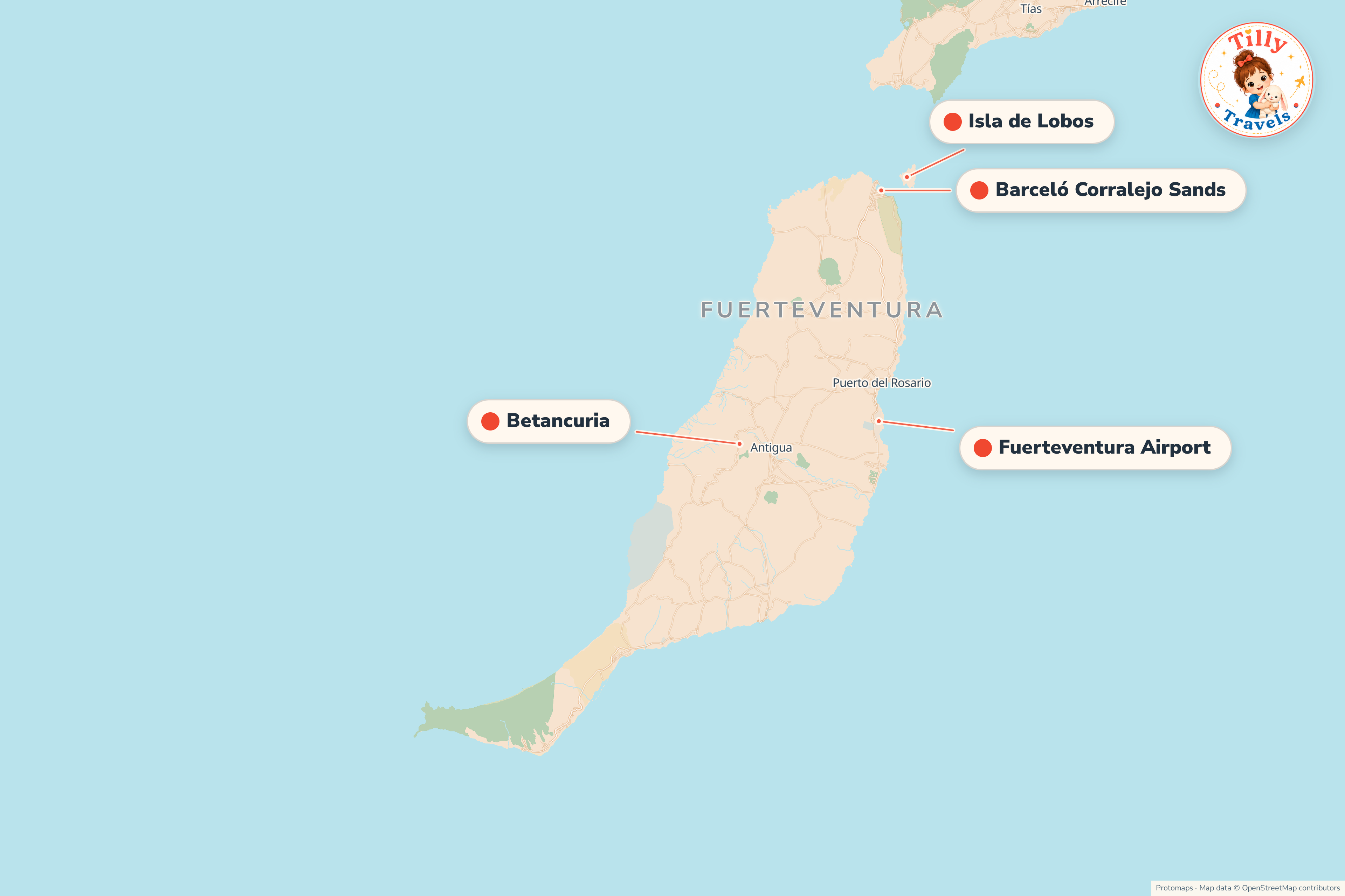 Map of the area around Barceló Corralejo Sands, showing the resort, the nearest airport and the main family days out
