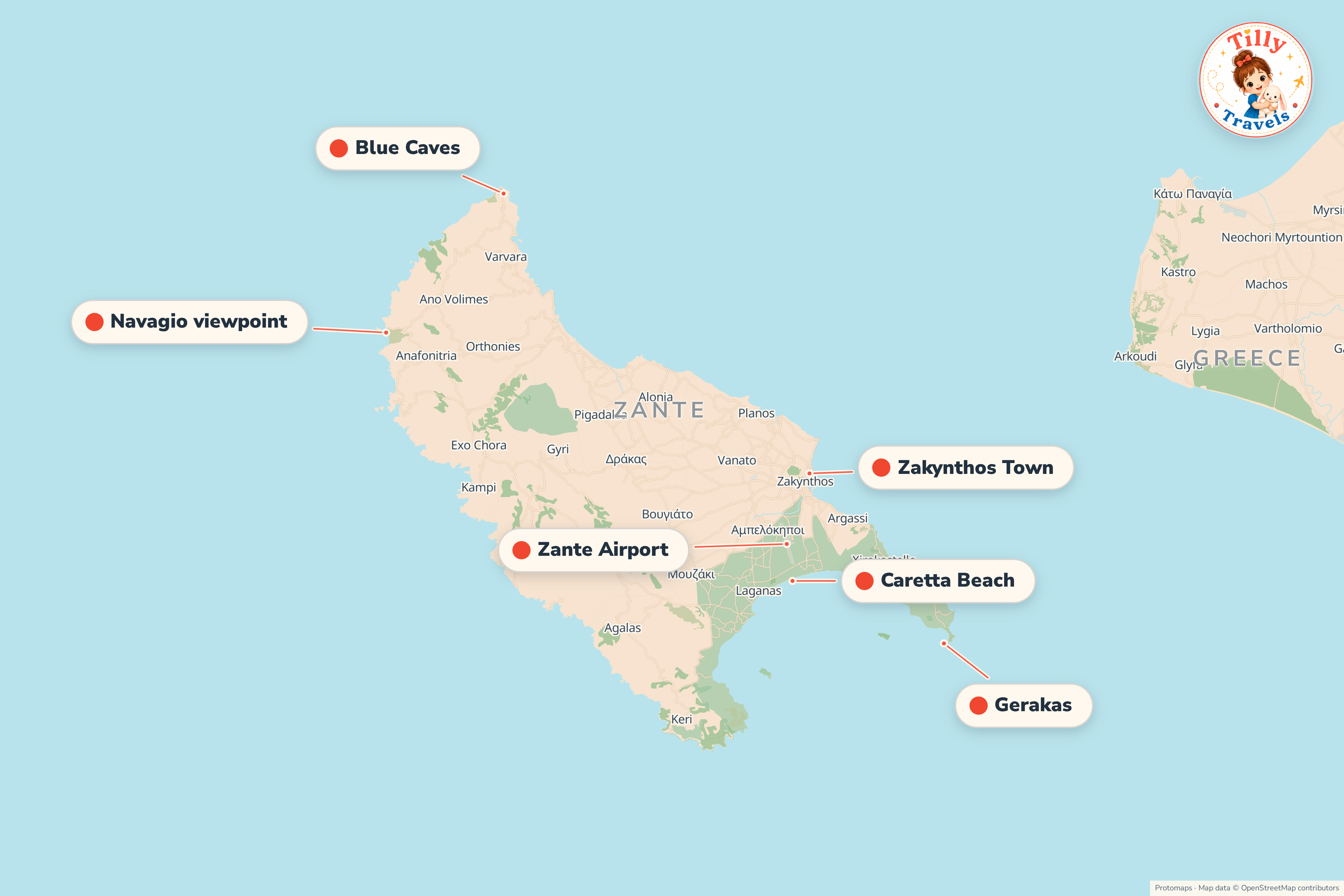 Map of the area around Caretta Beach, showing the resort, the nearest airport and the main family days out