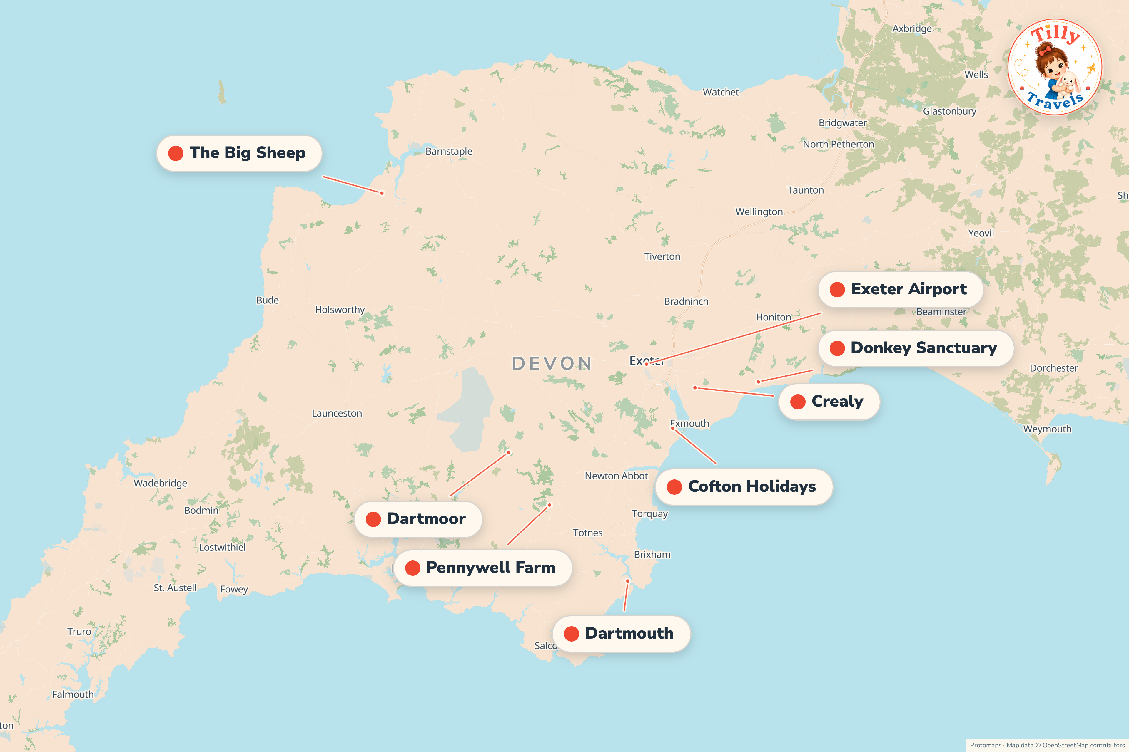 Map of the area around Cofton Holidays, showing the resort, the nearest airport and the main family days out