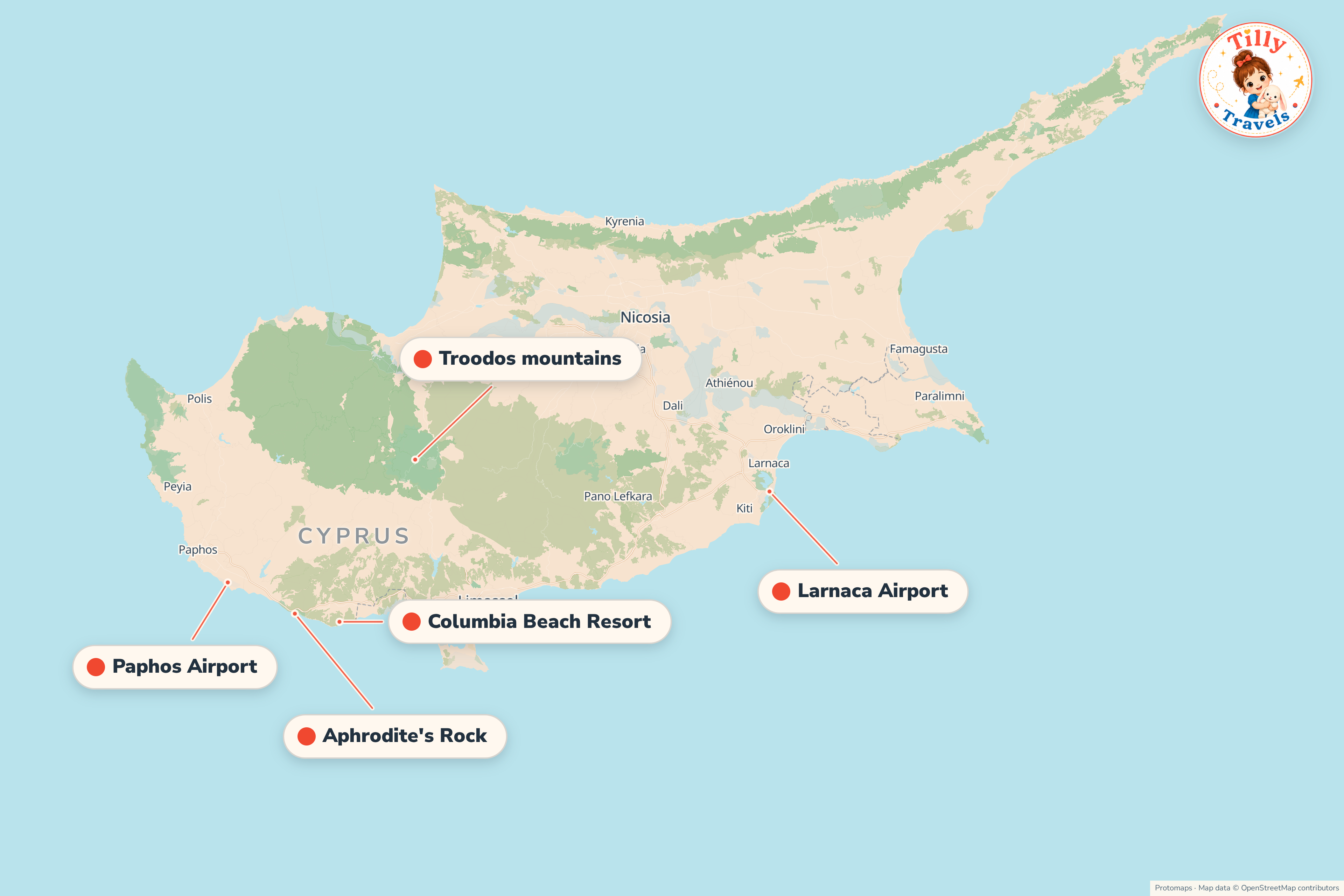 Map of the area around Columbia Beach Resort, showing the resort, the nearest airport and the main family days out