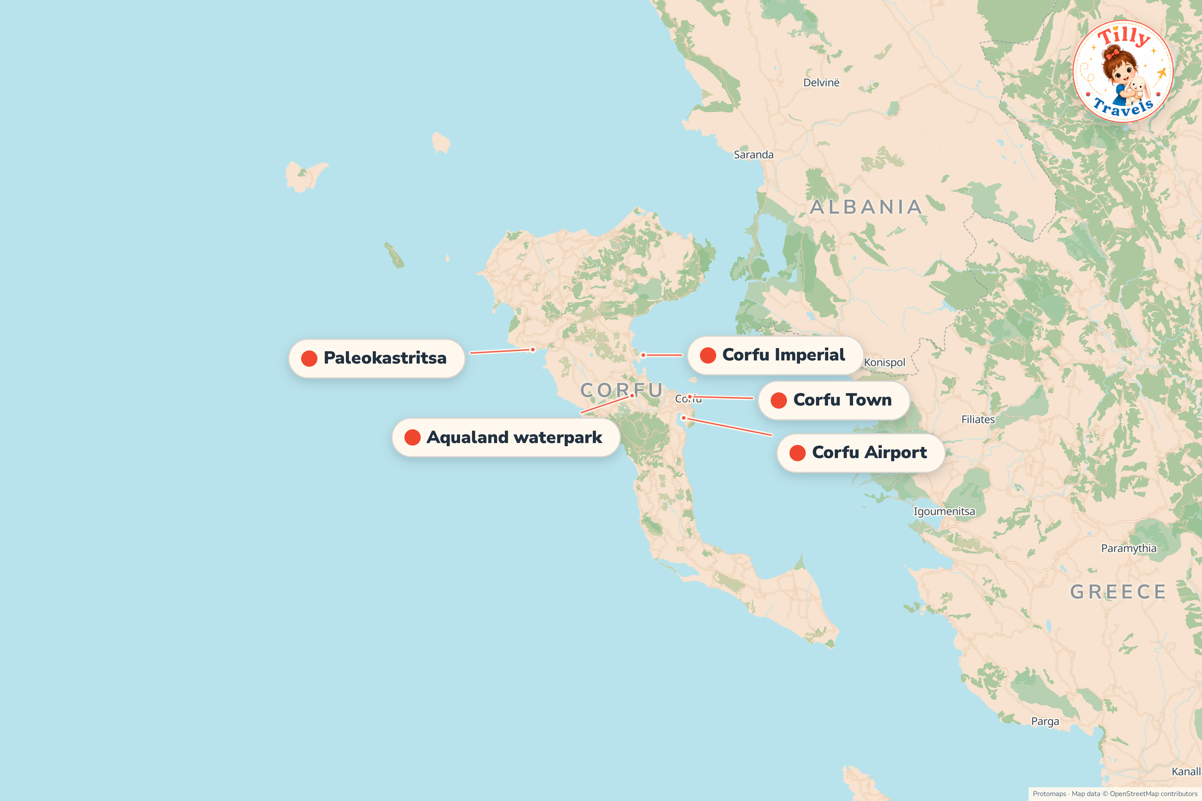 Map of the area around Corfu Imperial, showing the resort, the nearest airport and the main family days out