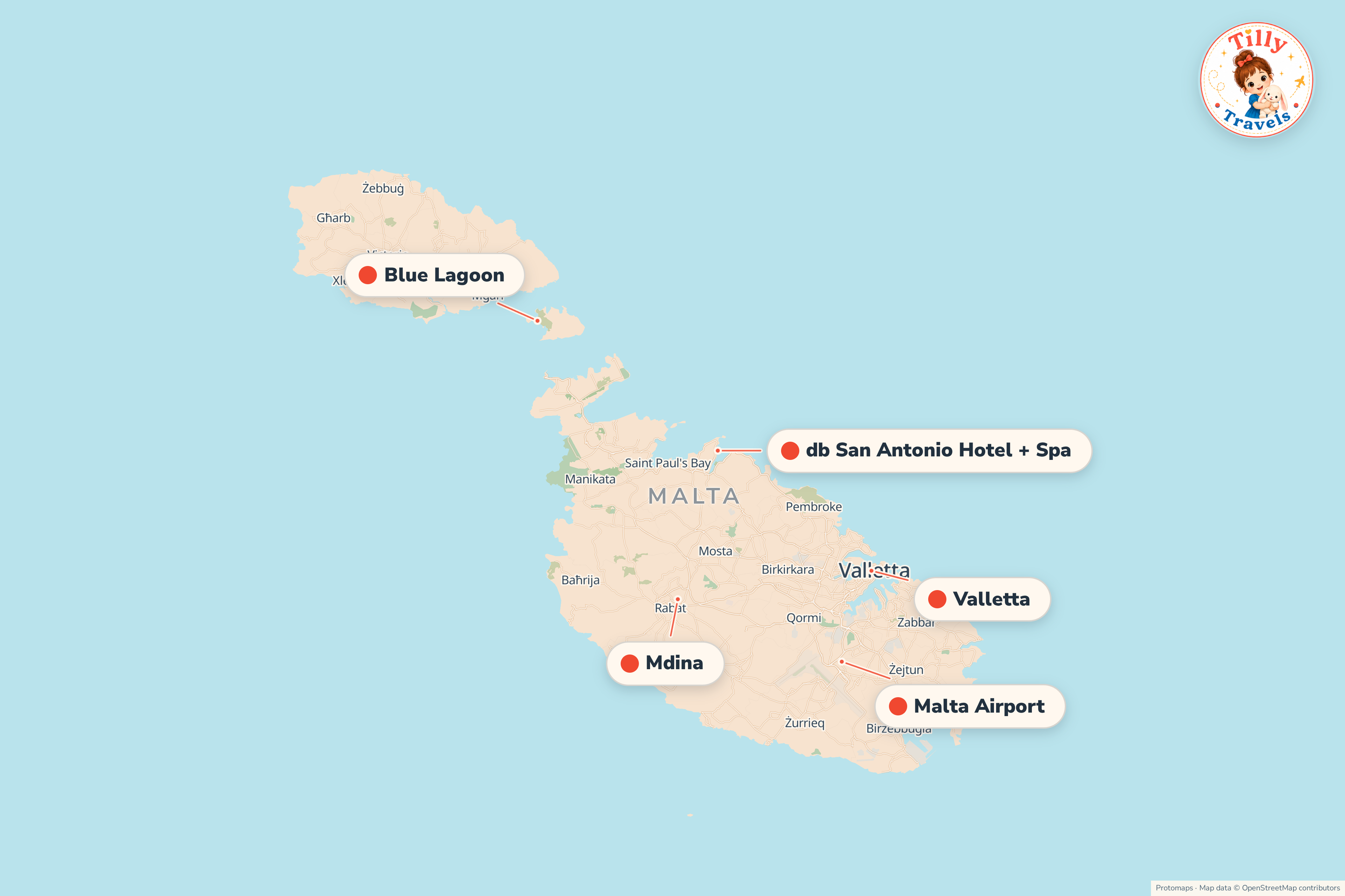 Map of the area around db San Antonio Hotel + Spa, showing the resort, the nearest airport and the main family days out