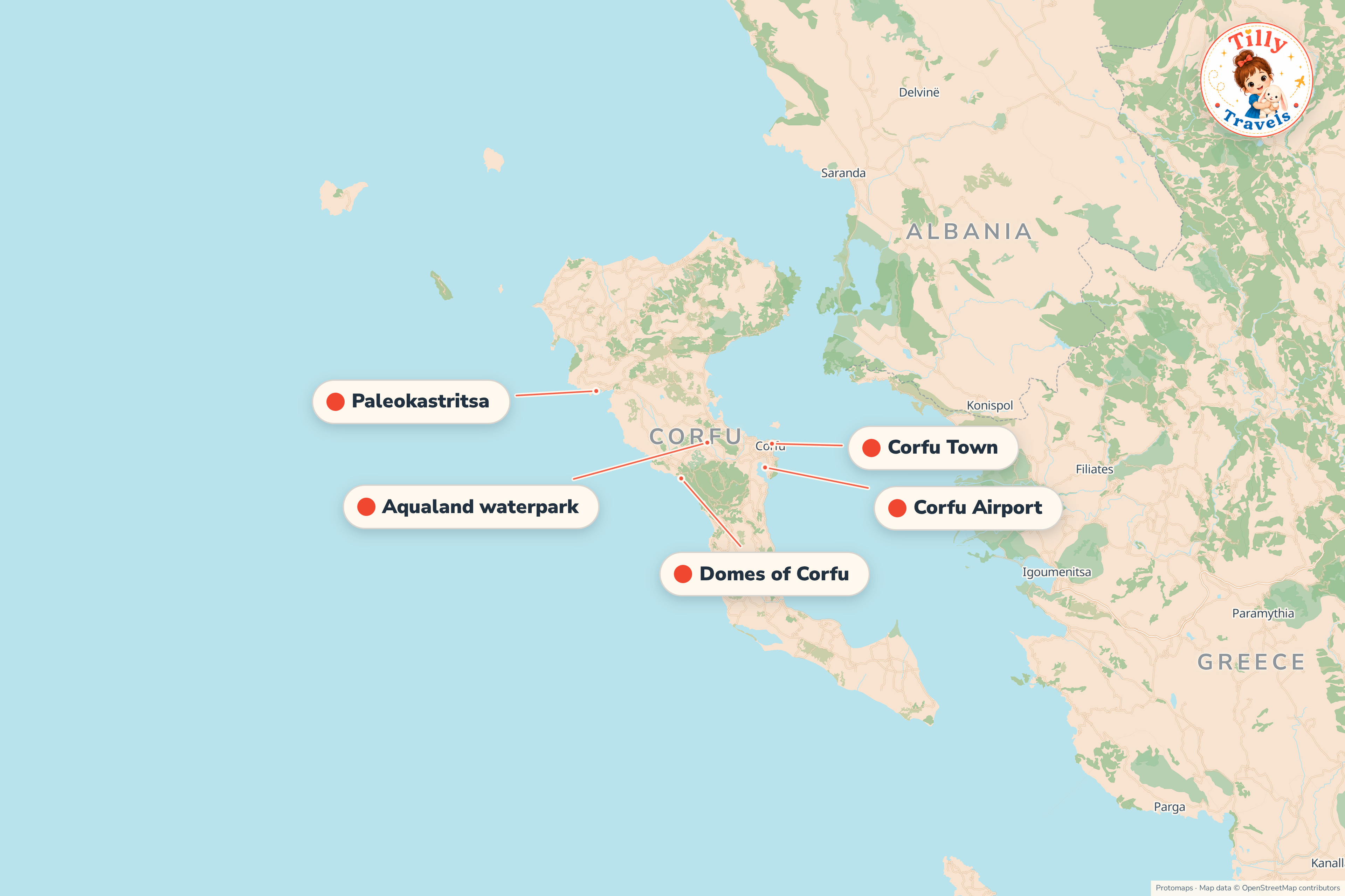 Map of the area around Domes of Corfu, showing the resort, the nearest airport and the main family days out