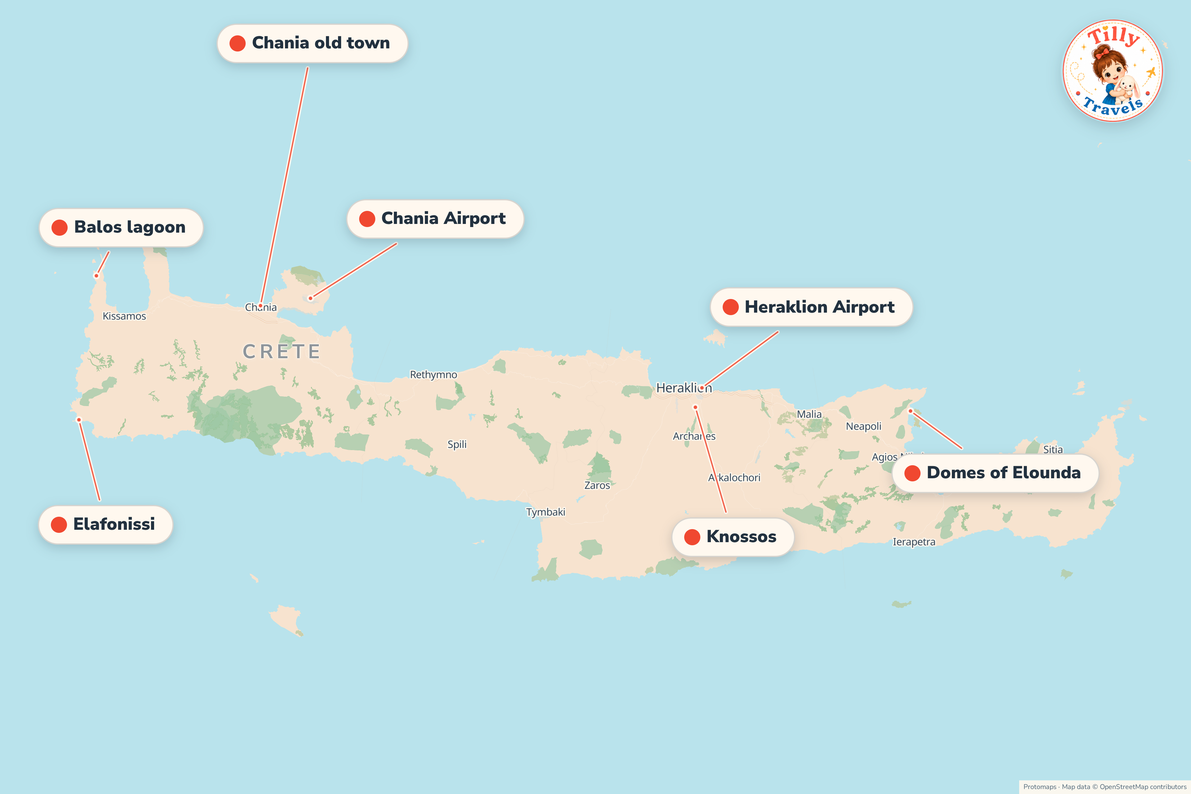 Map of the area around Domes of Elounda, showing the resort, the nearest airport and the main family days out