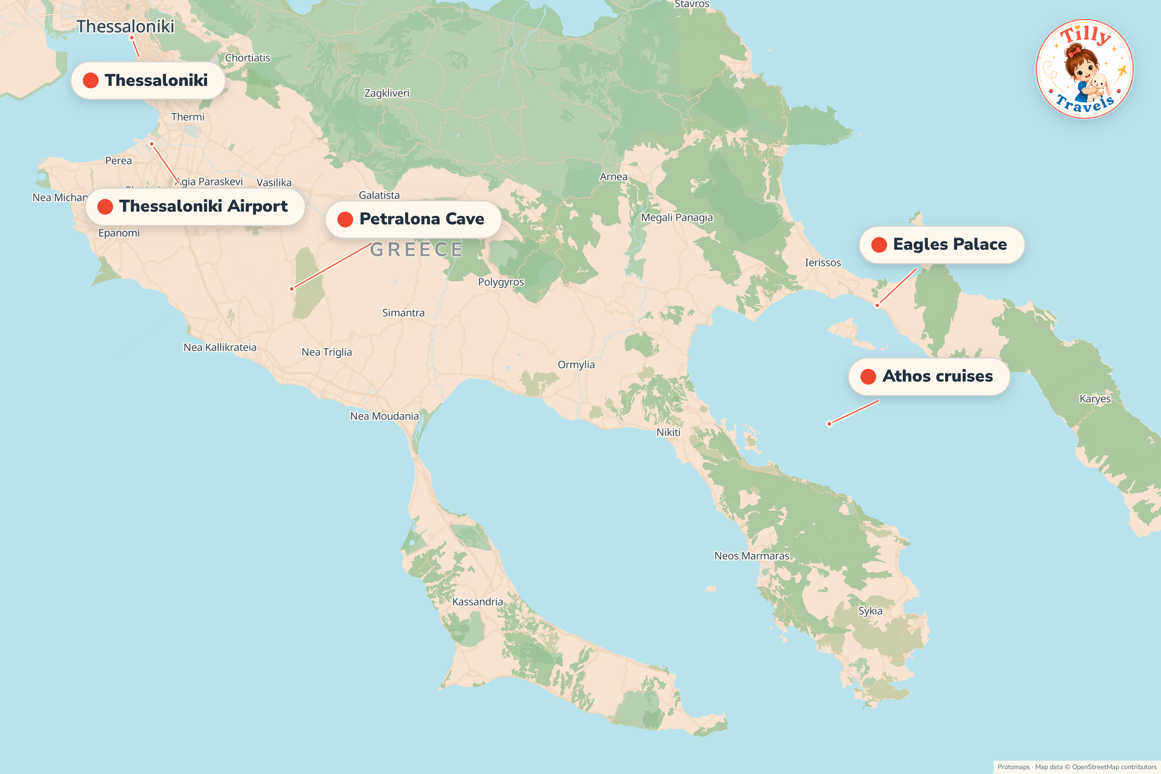 Map of the area around Eagles Palace, showing the resort, the nearest airport and the main family days out