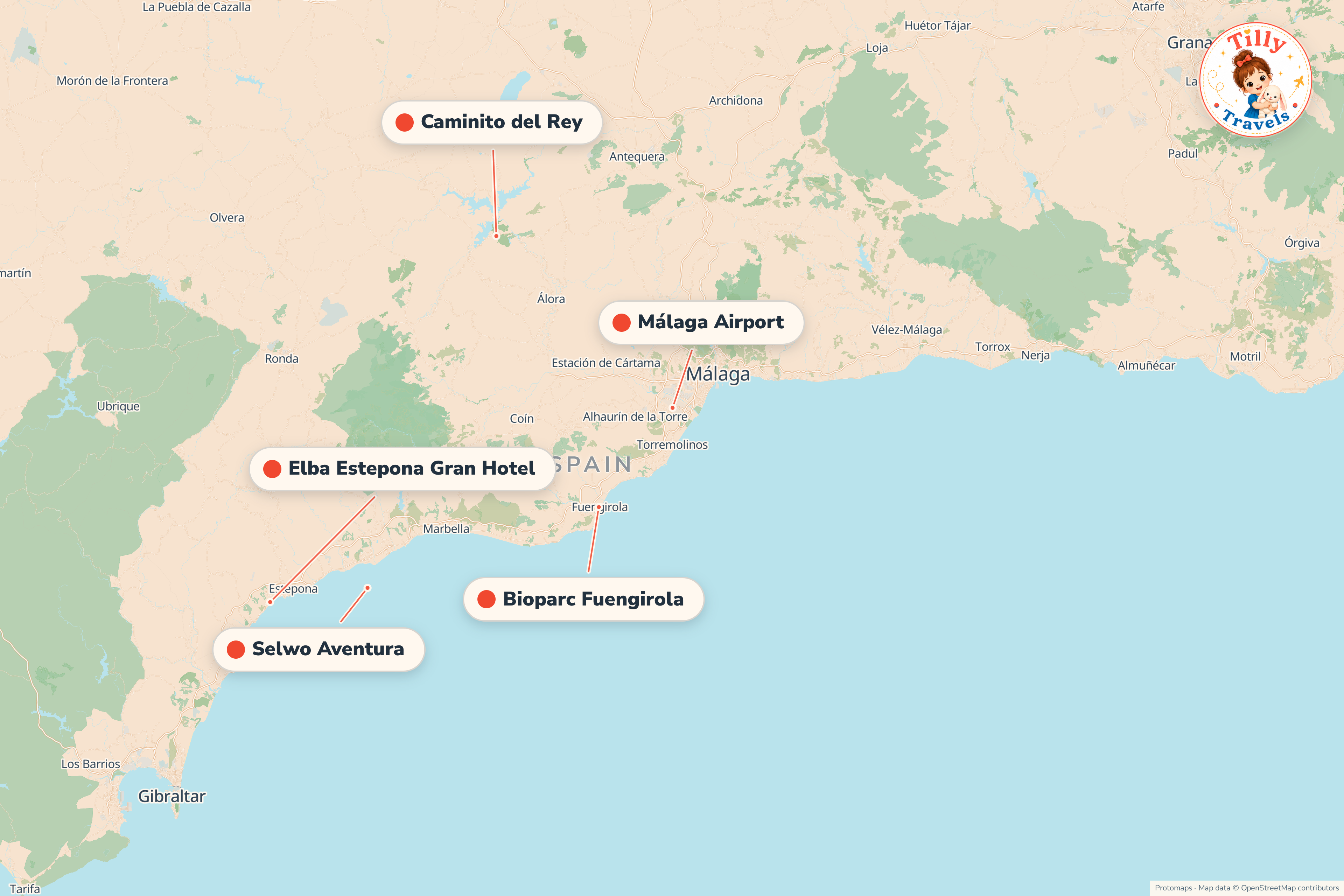 Map of the area around Elba Estepona Gran Hotel, showing the resort, the nearest airport and the main family days out