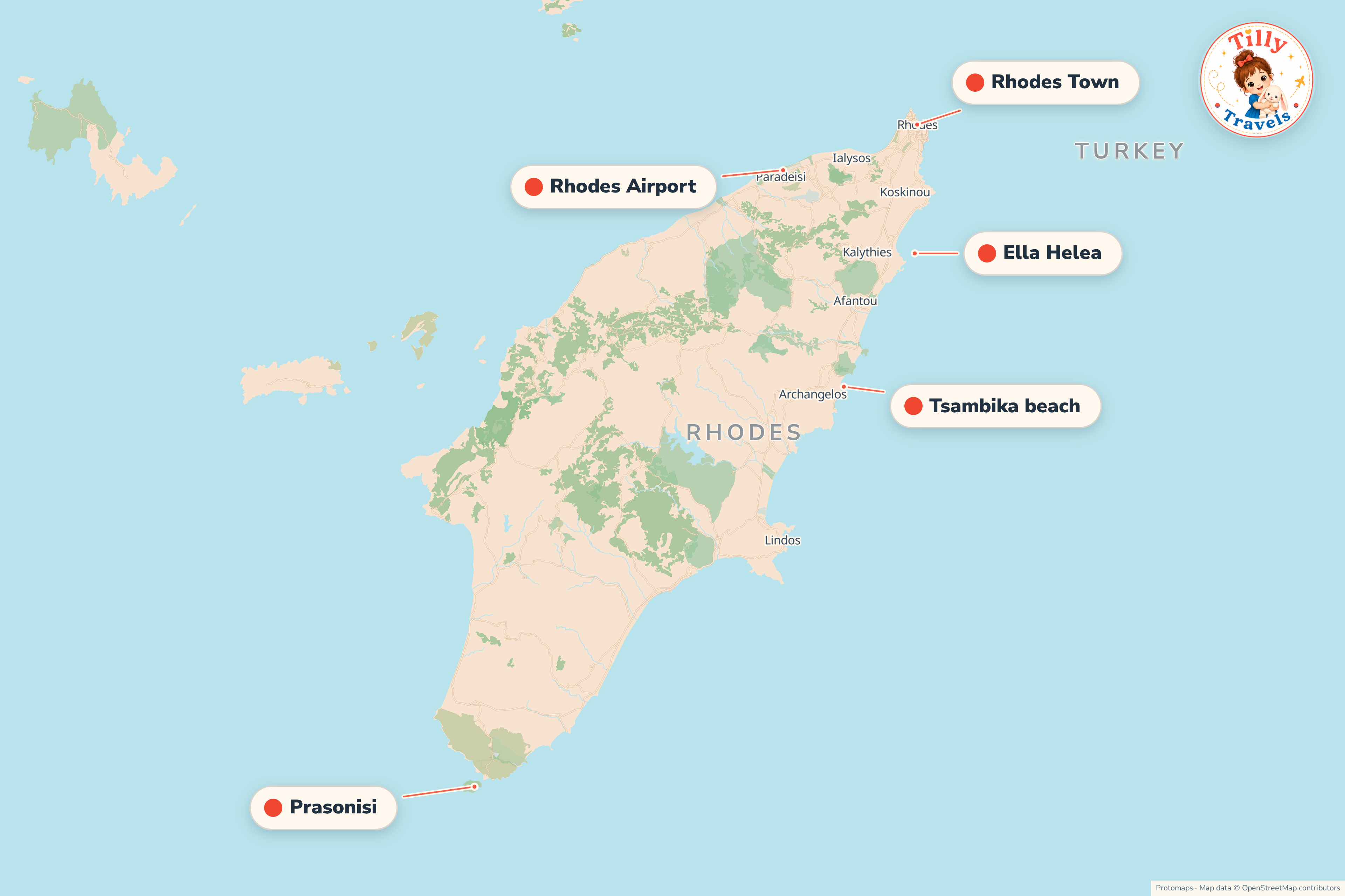 Map of the area around Ella Helea, showing the resort, the nearest airport and the main family days out