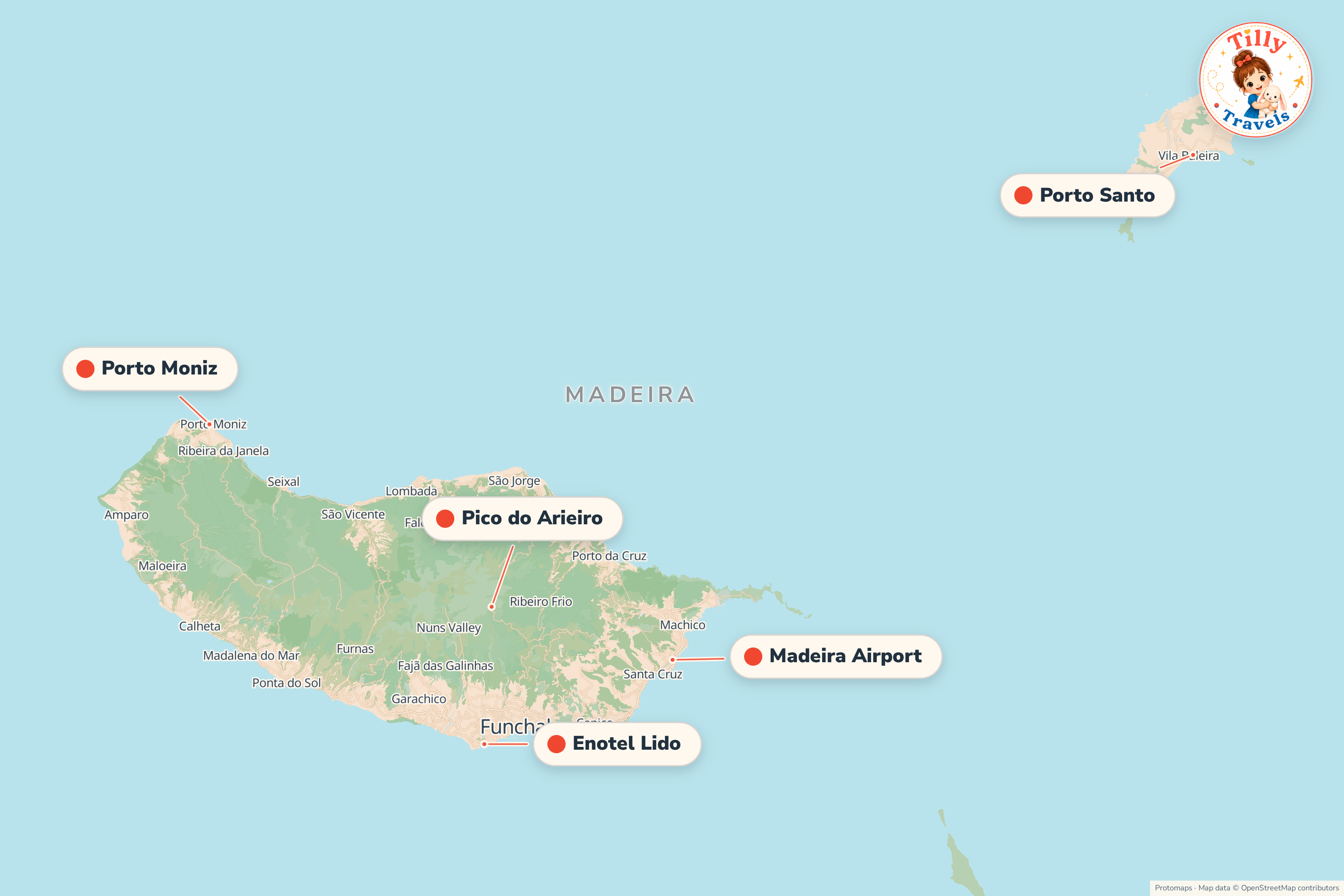 Map of the area around Enotel Lido, showing the resort, the nearest airport and the main family days out