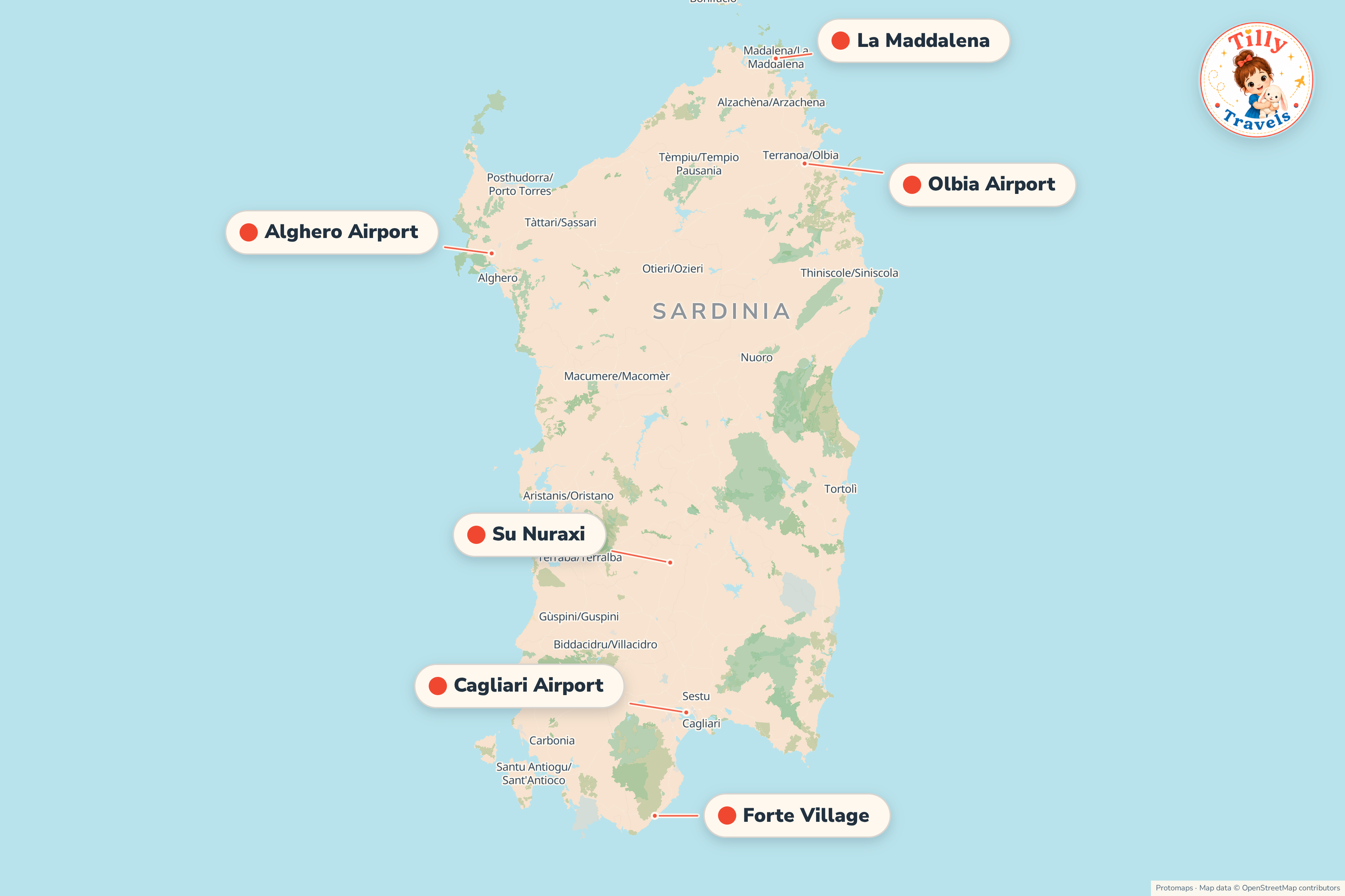Map of the area around Forte Village, showing the resort, the nearest airport and the main family days out