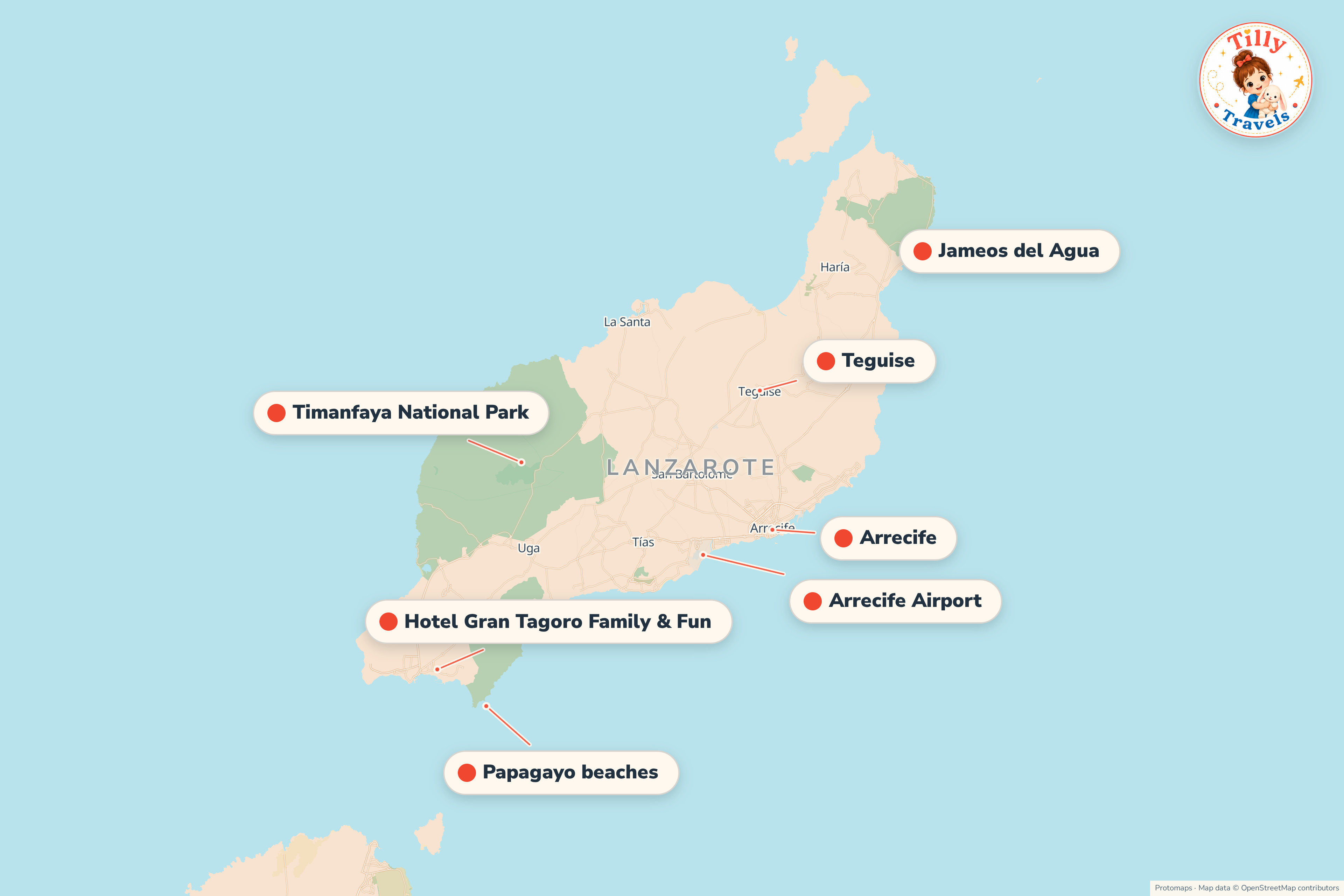 Map of the area around Hotel Gran Tagoro Family & Fun, showing the resort, the nearest airport and the main family days out