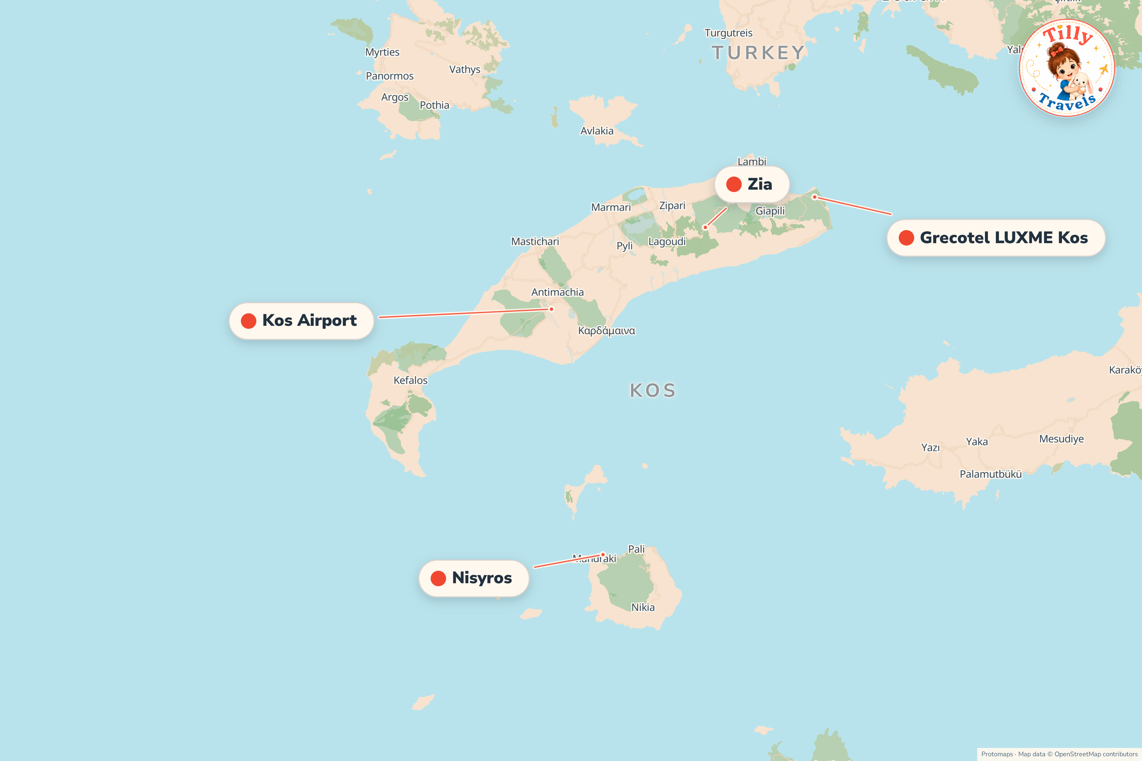 Map of the area around Grecotel LUXME Kos, showing the resort, the nearest airport and the main family days out