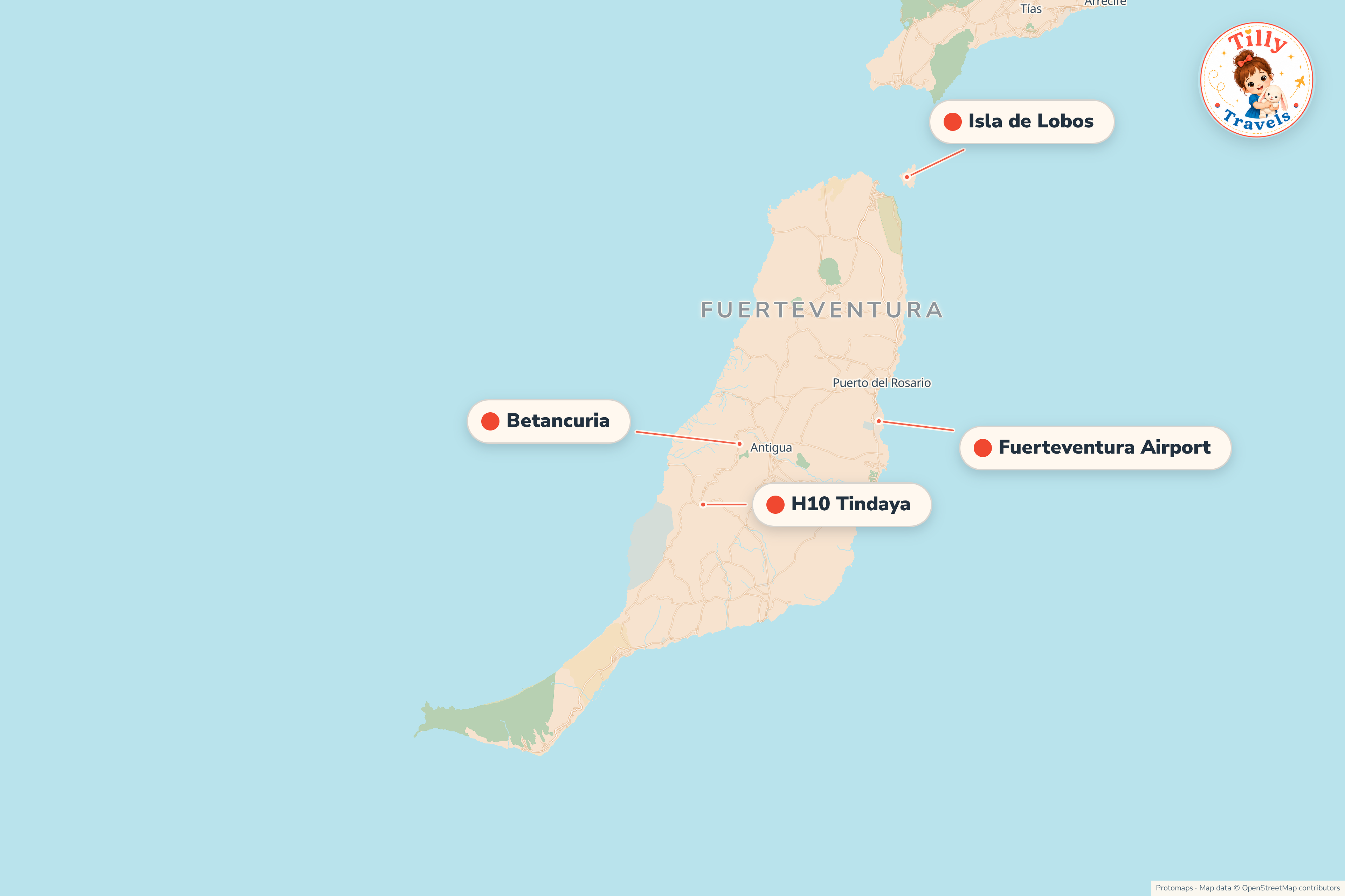 Map of the area around H10 Tindaya, showing the resort, the nearest airport and the main family days out