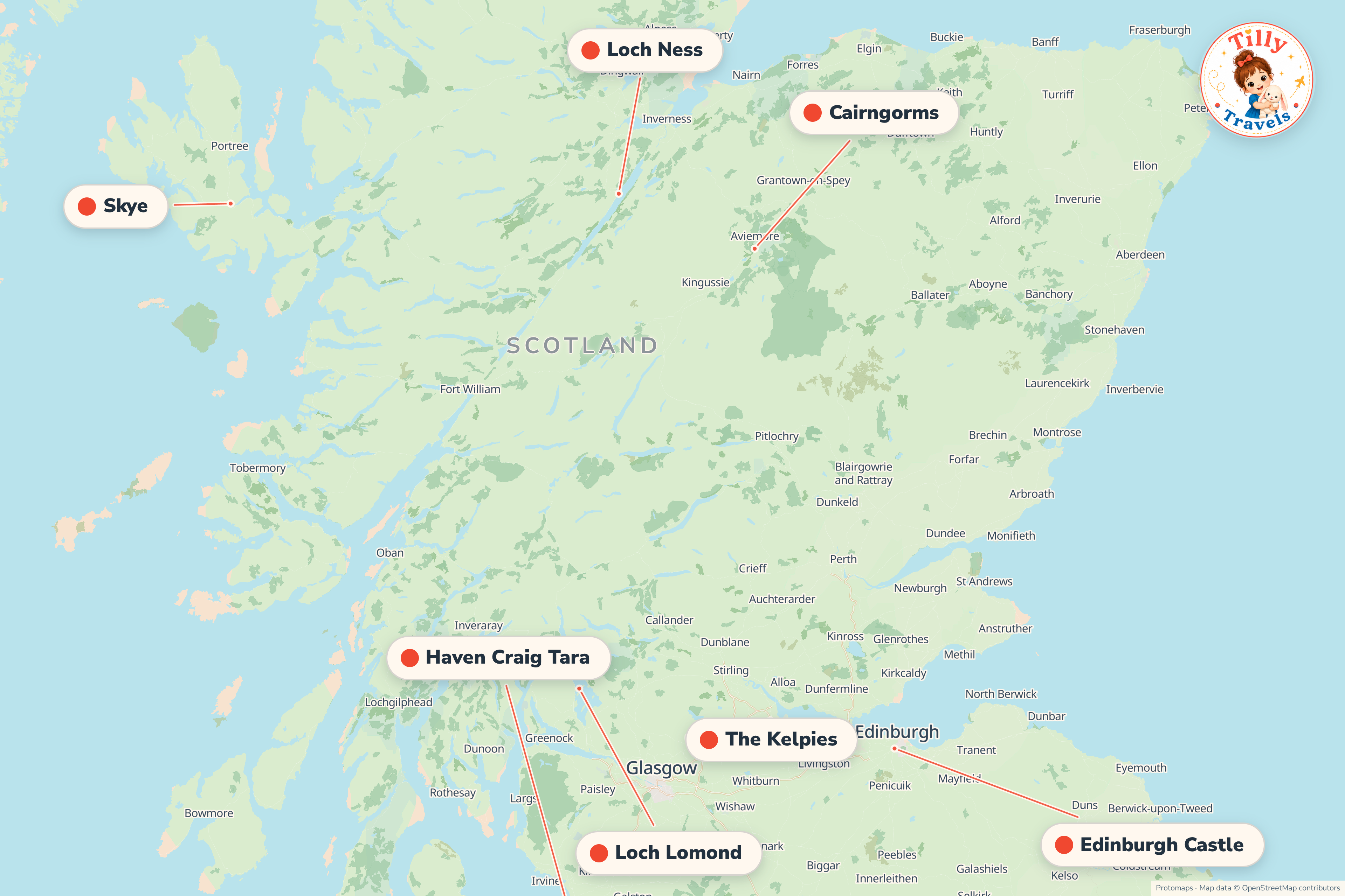 Map of the area around Haven Craig Tara, showing the resort, the nearest airport and the main family days out