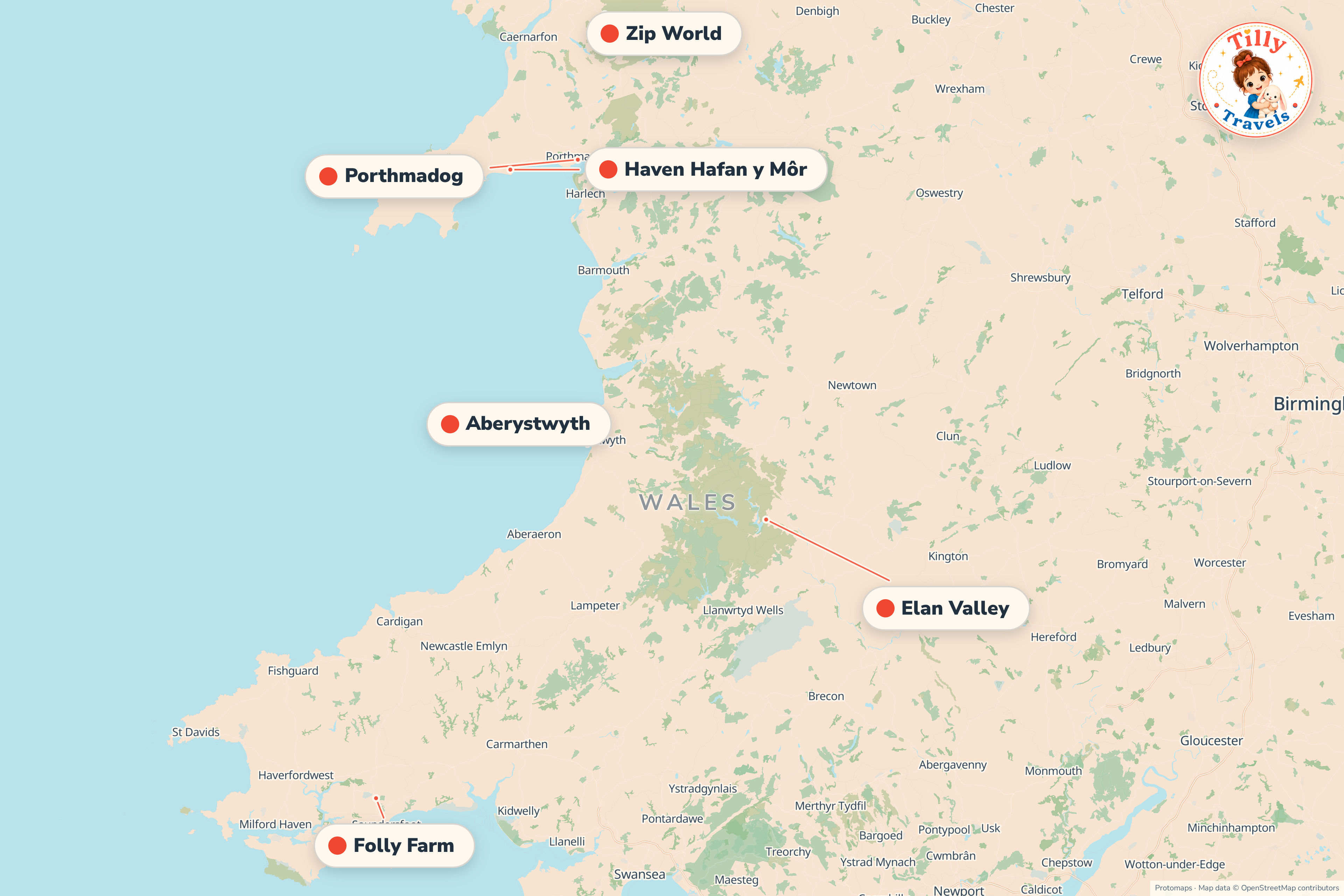 Map of the area around Haven Hafan y Môr, showing the resort, the nearest airport and the main family days out