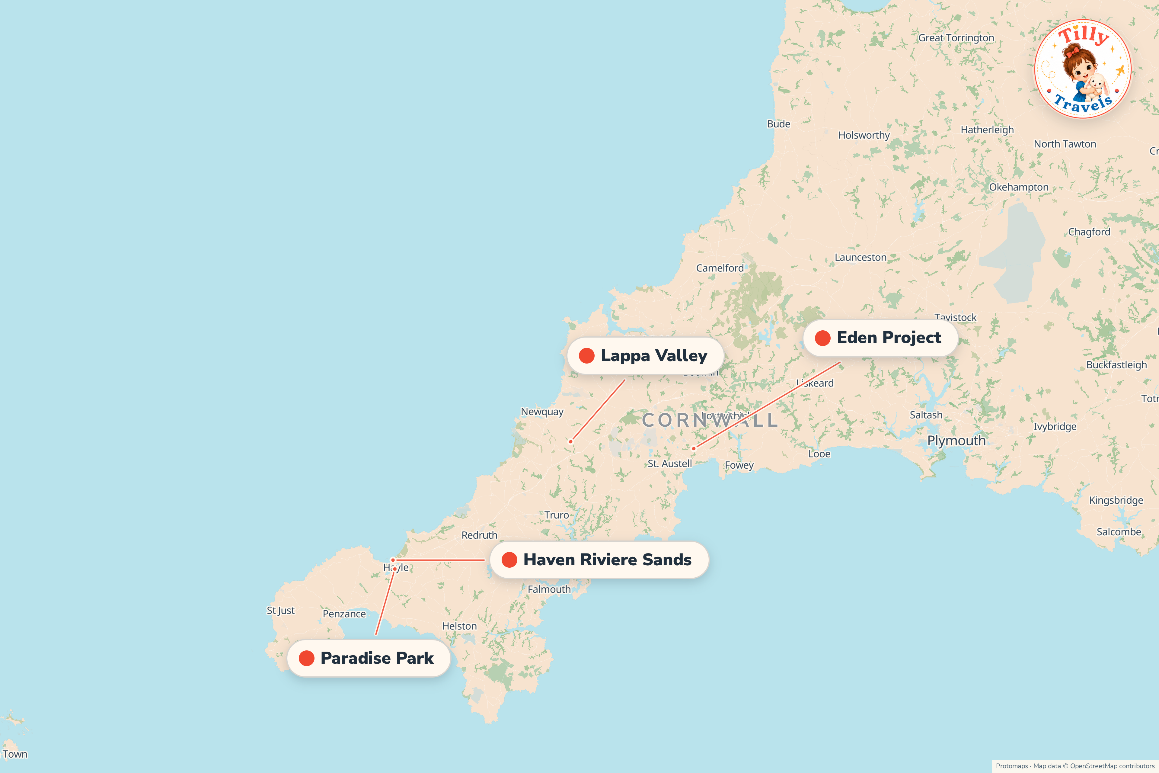 Map of the area around Haven Riviere Sands, showing the resort, the nearest airport and the main family days out