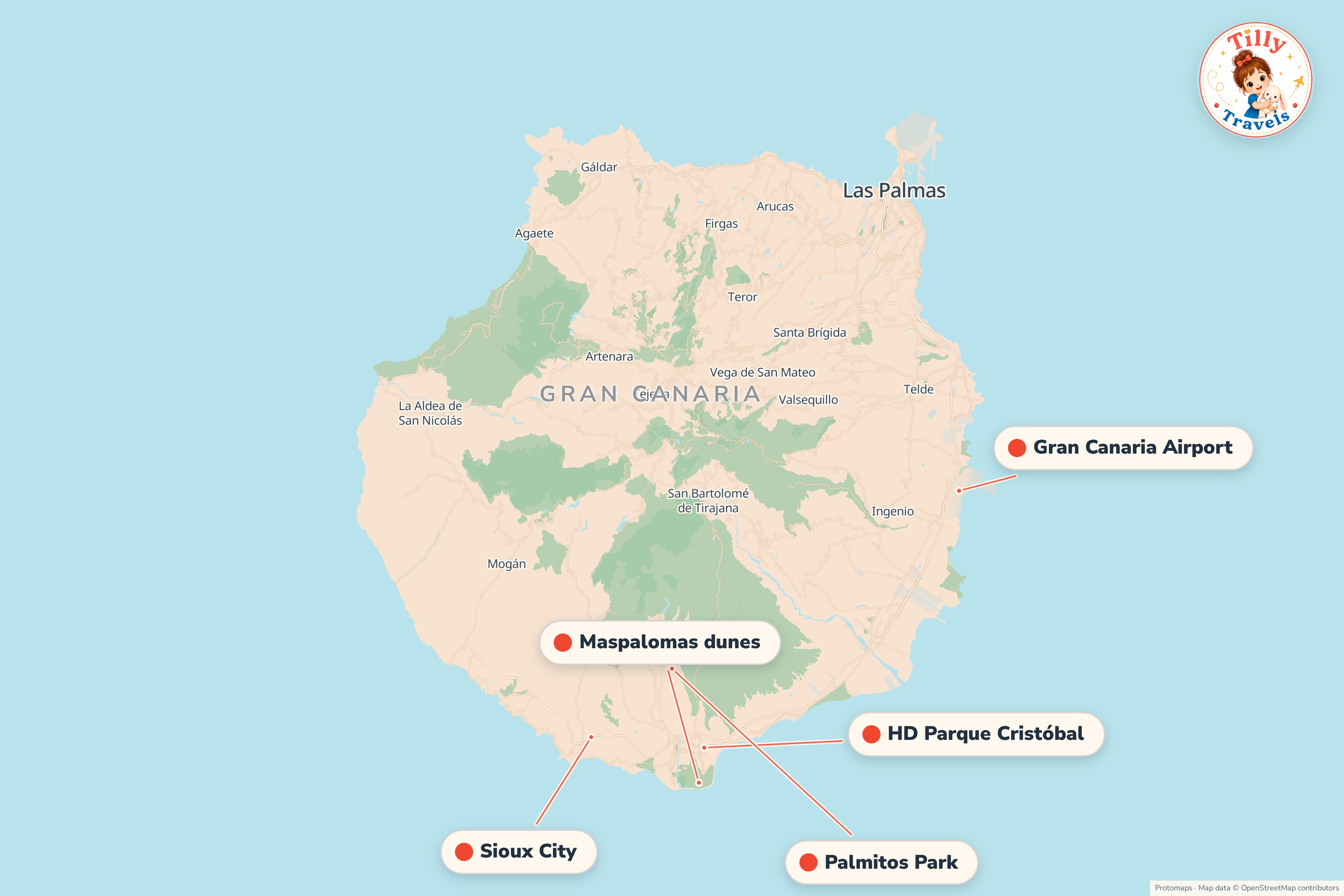 Map of the area around HD Parque Cristóbal, showing the resort, the nearest airport and the main family days out