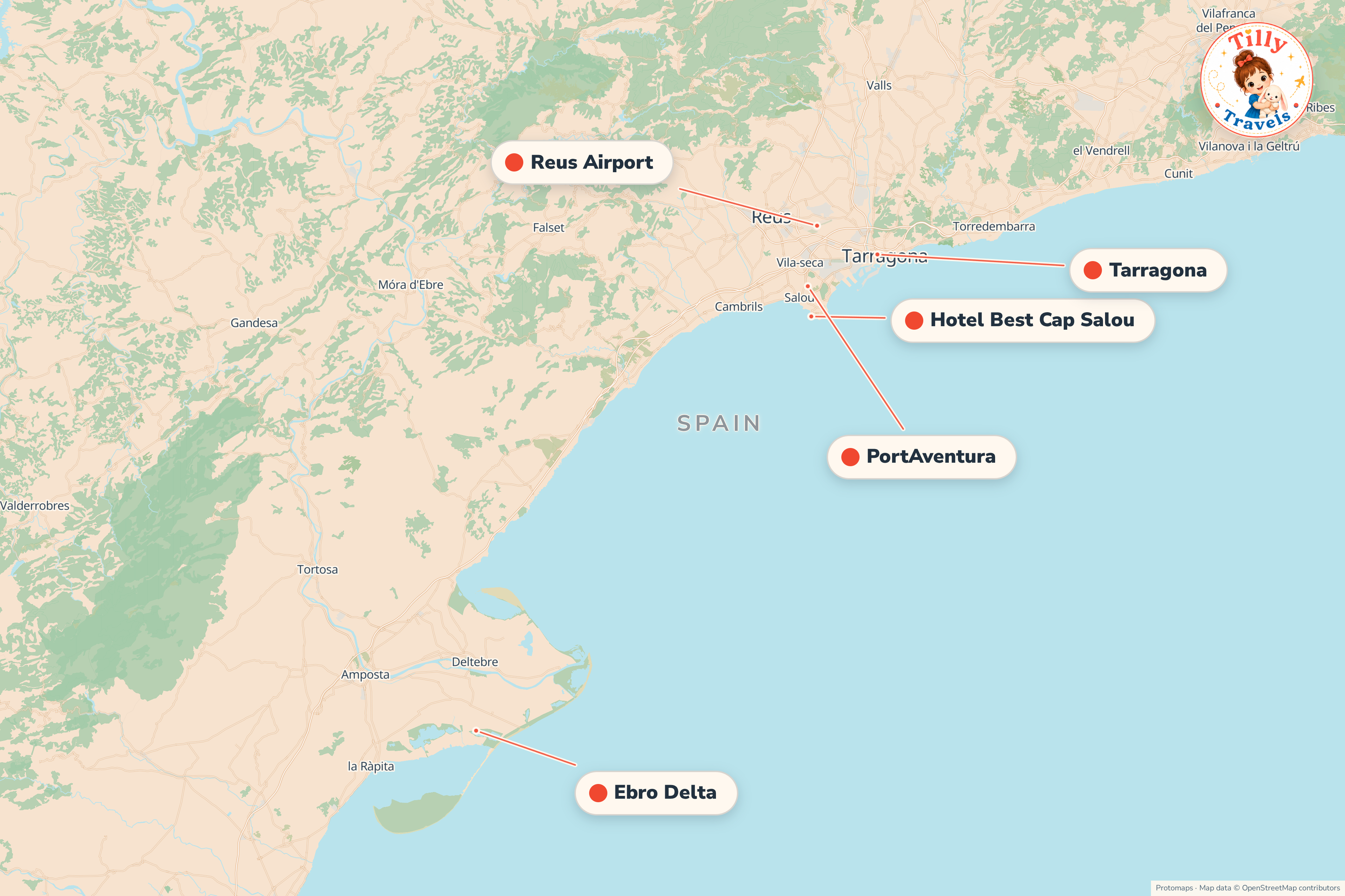 Map of the area around Hotel Best Cap Salou, showing the resort, the nearest airport and the main family days out